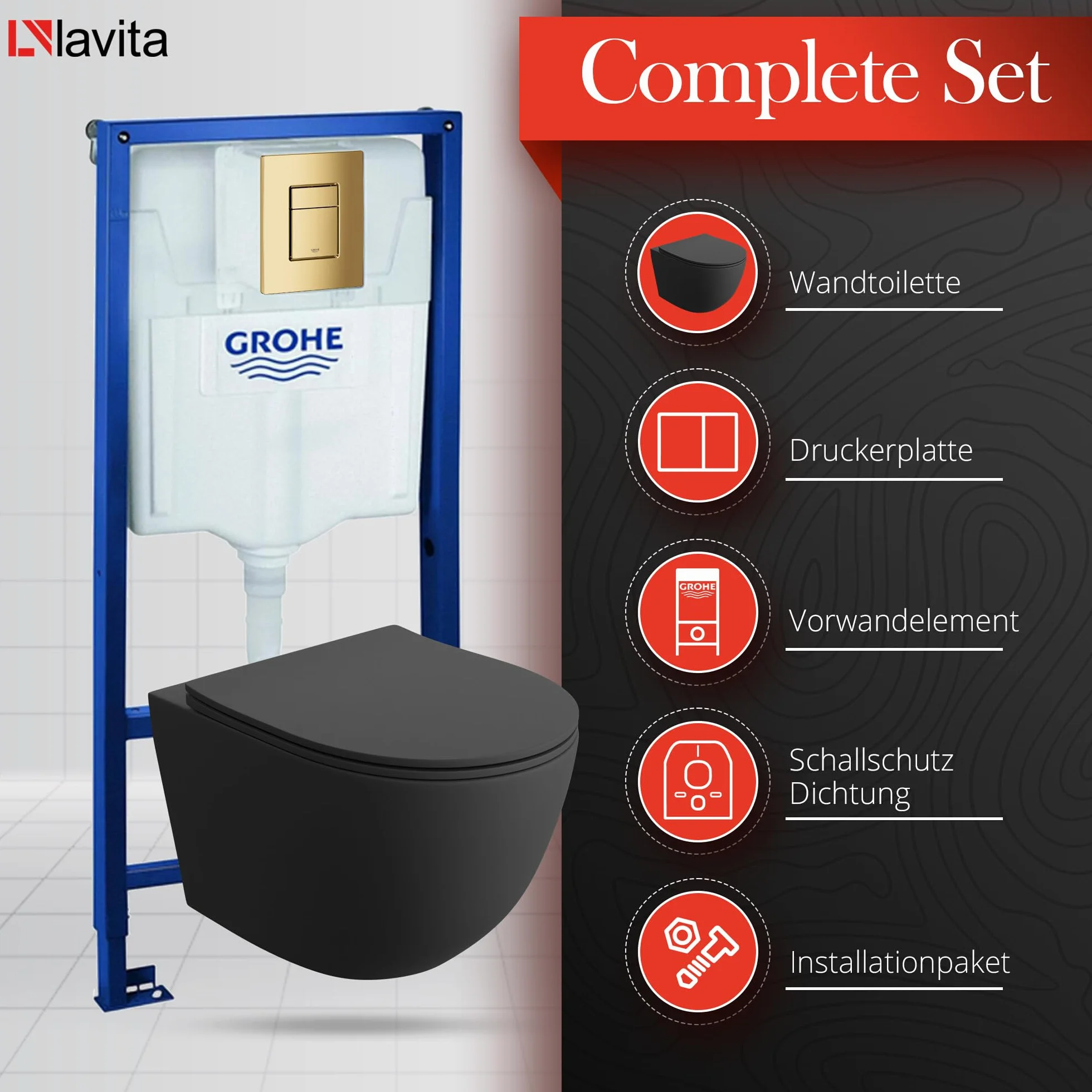 LAVITA | Elemento de pared Solido + pared colgante de inodoro Sinto negro sin borde + asiento de inodoro SoftClose | Botón dorado | Juego completo | cisterna empotrada | inodoro completo