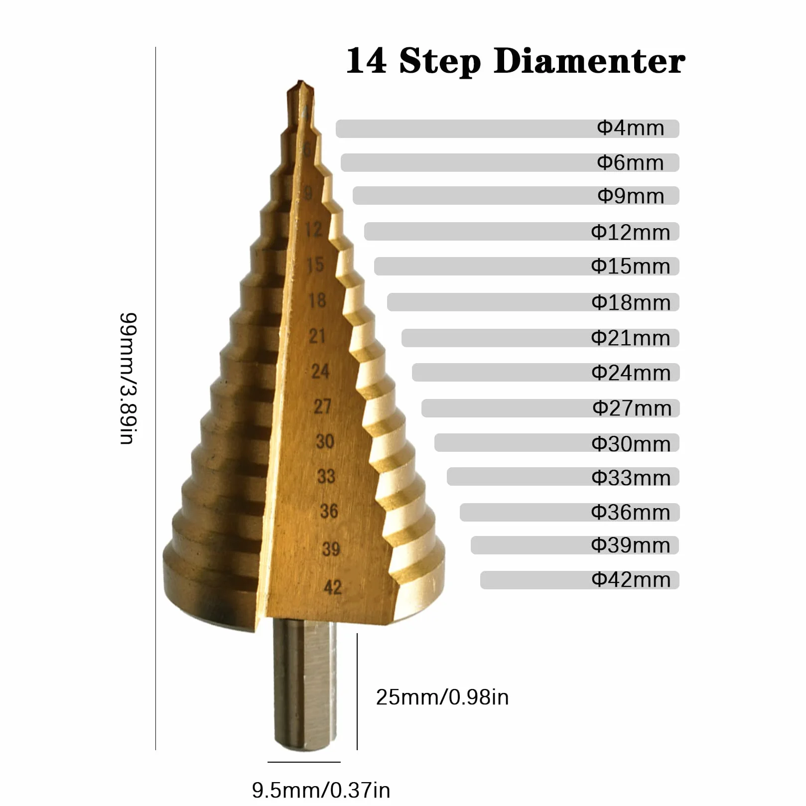Broca Escalonada 4-42 mm HSS Broca Conica 14 Escalones para Madera, Plástico, Metal Blando