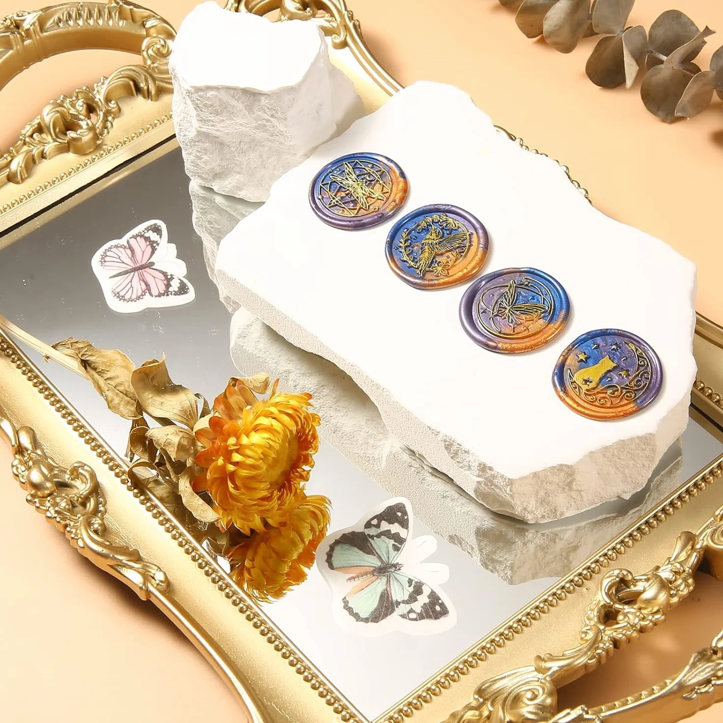 Juego de sellos de cera de cobre con mango de madera extraíble - colibrí, mariposa, libélula, gato