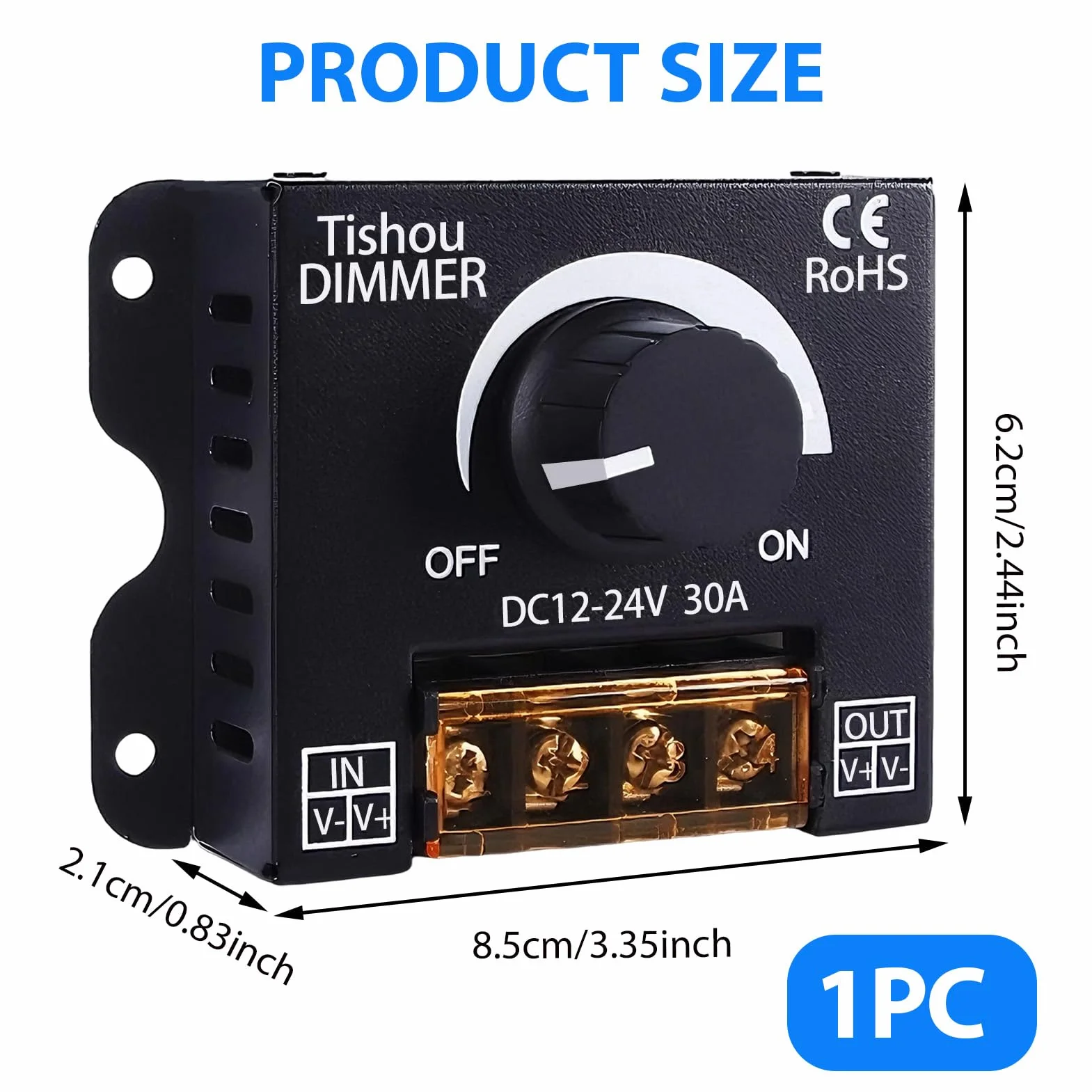 Controlador LED 12V 24V 30A PWM Regulador de Intensidad con Botón On/Off, Dimmer para Tira LED Monocromática 5050 3528, Carcasa de Aluminio Duradera e Instalación Sencilla Compatible con Luces DC