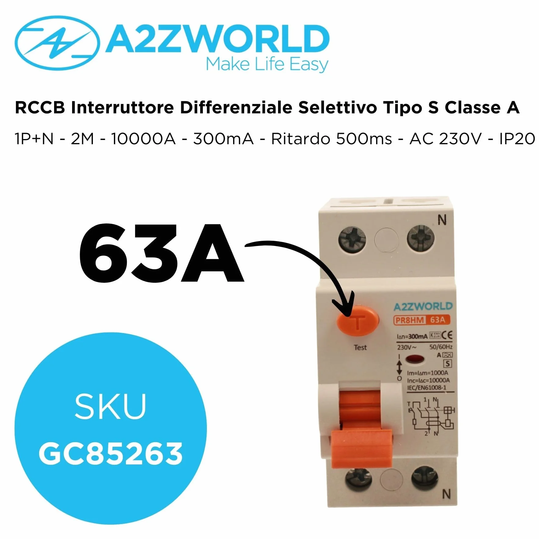 Interruptor diferencial puro selectivo 63A, RCCB Tipo S Clase A, 1P+N 10kA 300 mA, retraso 500 ms, 2 módulos DIN 230 V AC, certificado IEC61008-1, serie PR8HM electromagnético