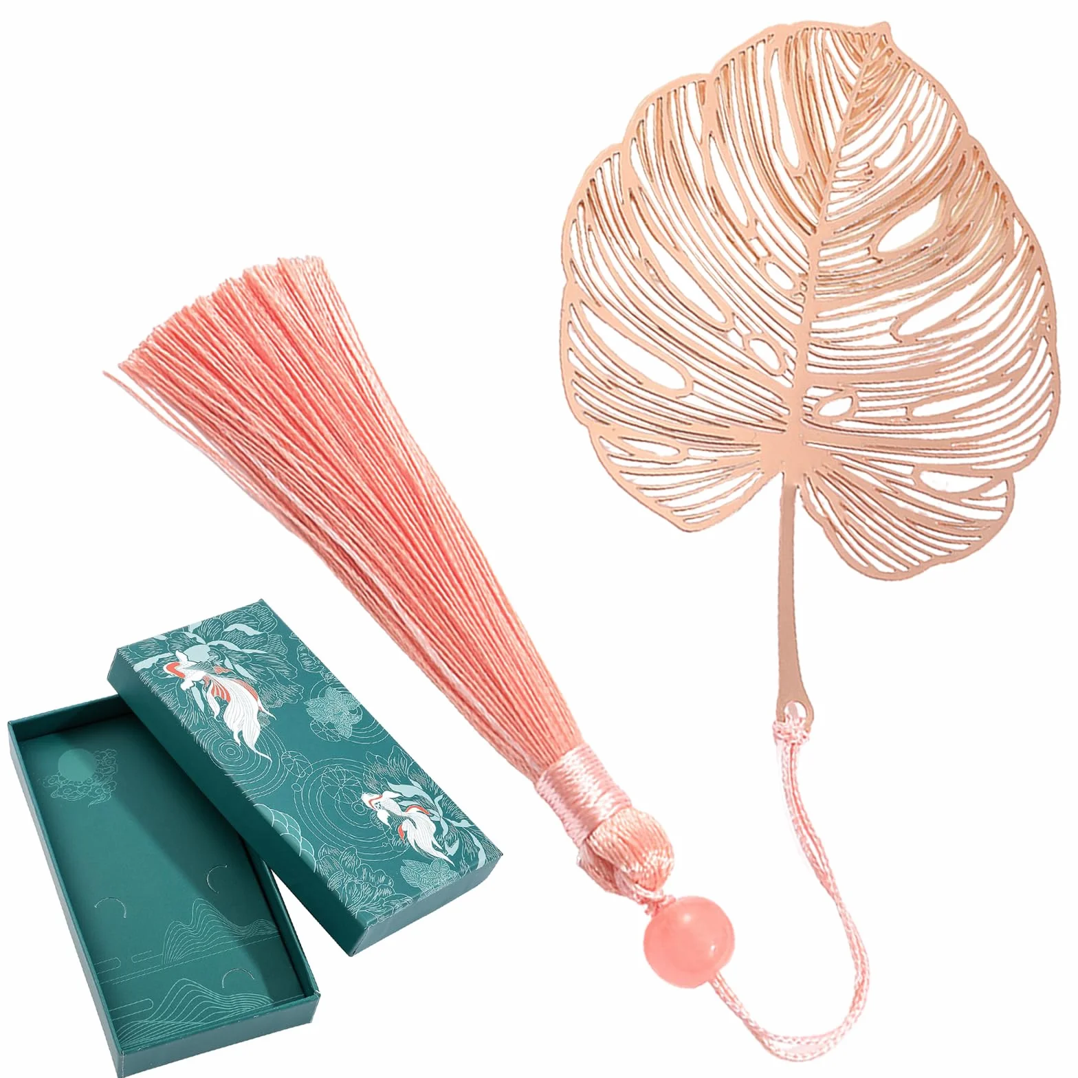 Marcapáginas de Metal Monstera en Caja de Regalo, Elegante con Borla para Mujeres Mamá Abuela (Oro Rosa)