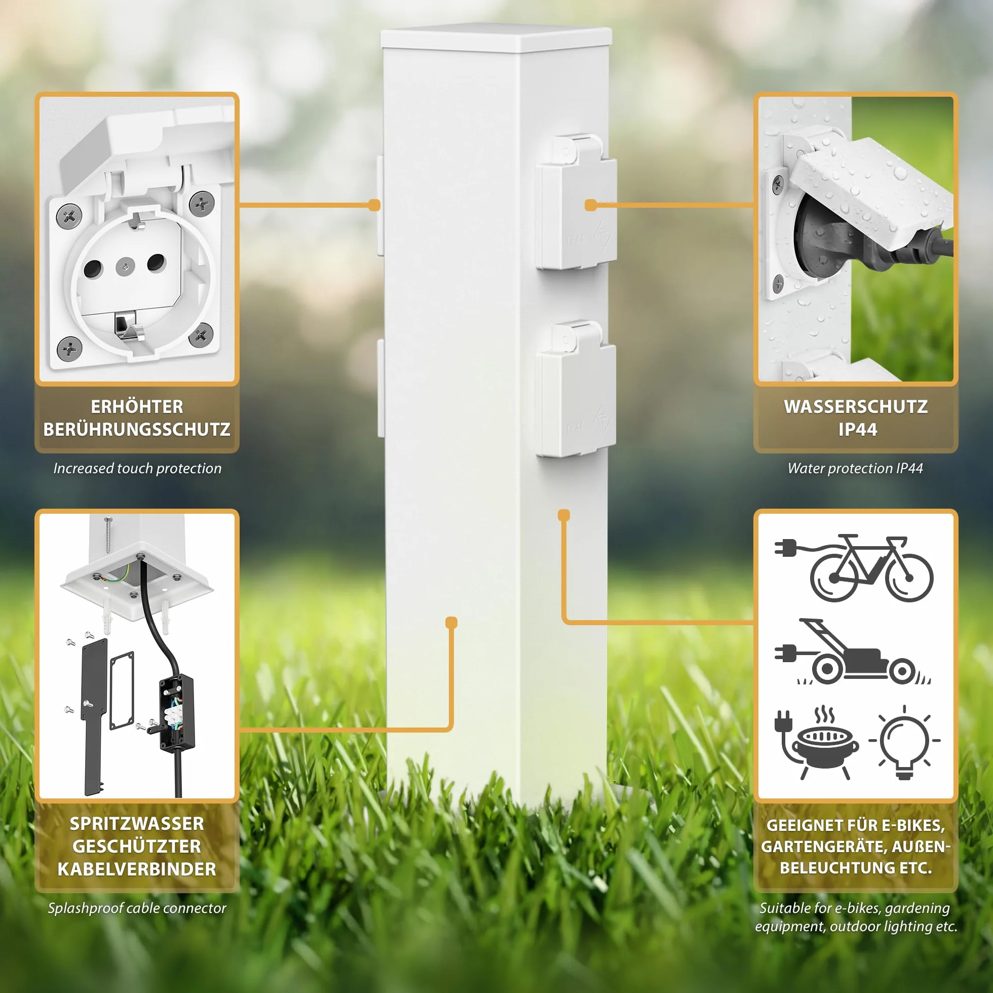 ledscom.de Zócalo de jardín Columna Polly para Exterior, IP44, 4 vías, Acero Inoxidable, Blanco, Cuadrado, 40 cm