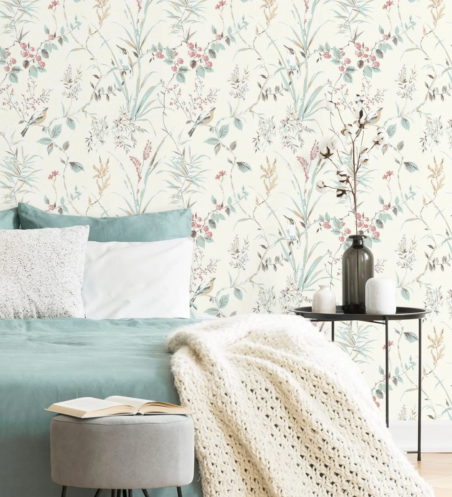 GAULAN 681950 - Papel pintado de ramas flores y pájaros estilo romántico para pared salón dormitorio pasillo comedor - Rollo de 10 m x 0,53 m