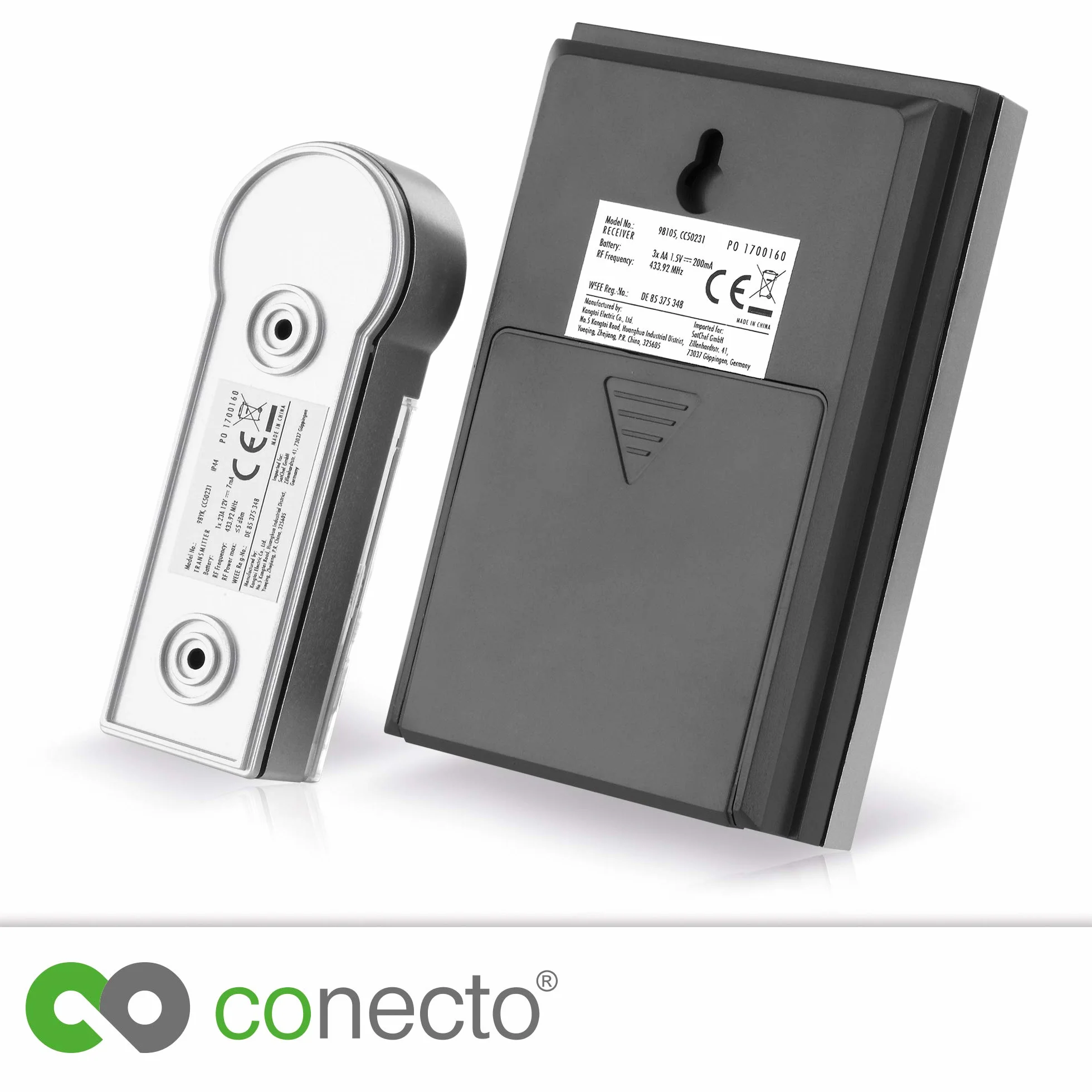 conecto Juego de Timbre inalámbrico, pulsador y Timbre, Alcance de 100 Metros, 16 Tonos de Llamada, inalámbrico, Funciona con Pilas, Plateado