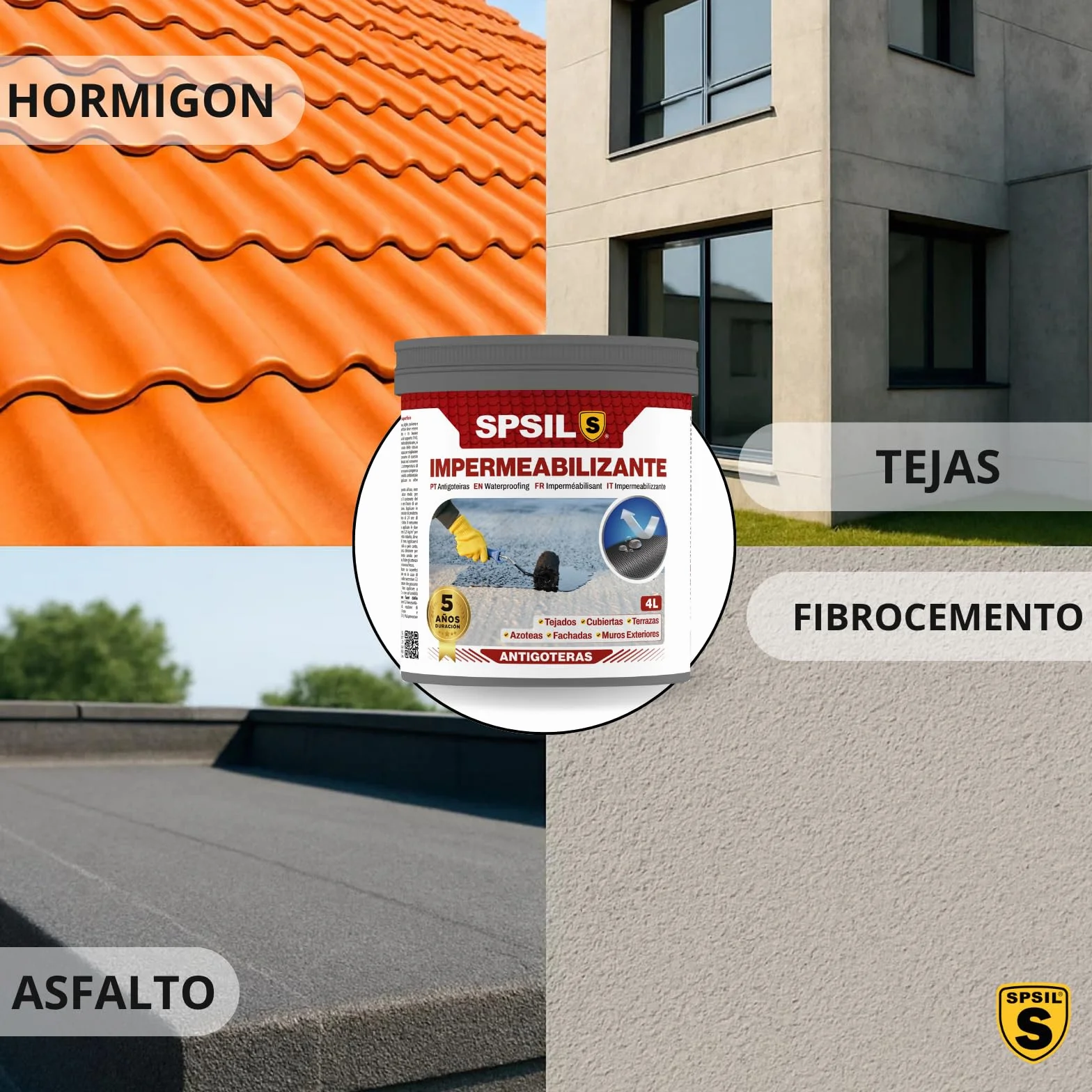 SPSIL Pintura Impermeabilizante Transparente - Previene las filtraciones de agua - Para Tejados, Cubiertas, Terrazas, Azoteas, Fachadas y Muros Exteriores (4 L) (Transparente, 4000 ml)