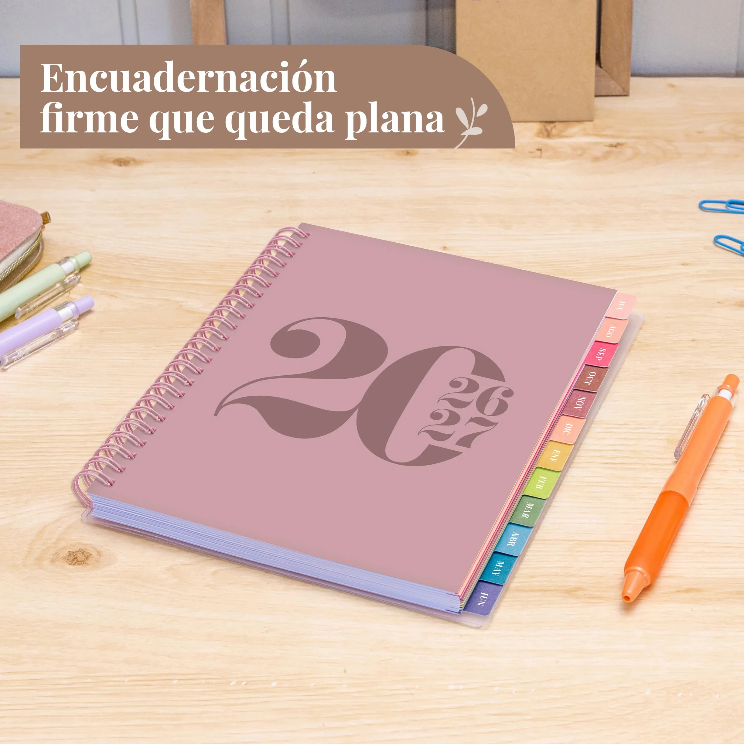 Agenda Escolar 2026–2027 Rileys, Planificador Diario Académica con Anillas, 20 × 15 cm Rosa Tipográfico
