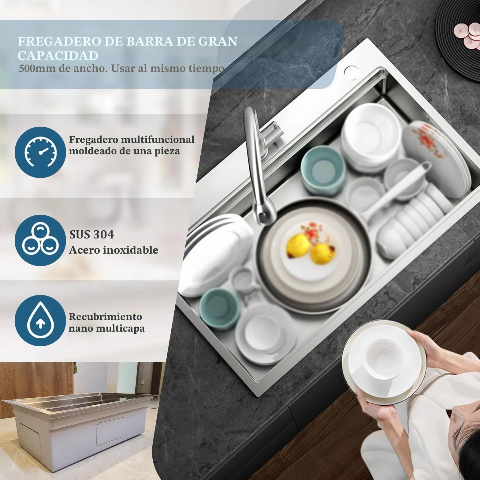 Fregadero de cocina multifunción de 65 x 50 cm, de acero inoxidable 304, hecho a mano, fregadero de cocina grande de una bañera, instalación a ras o sobre encimera con bañera extraíble