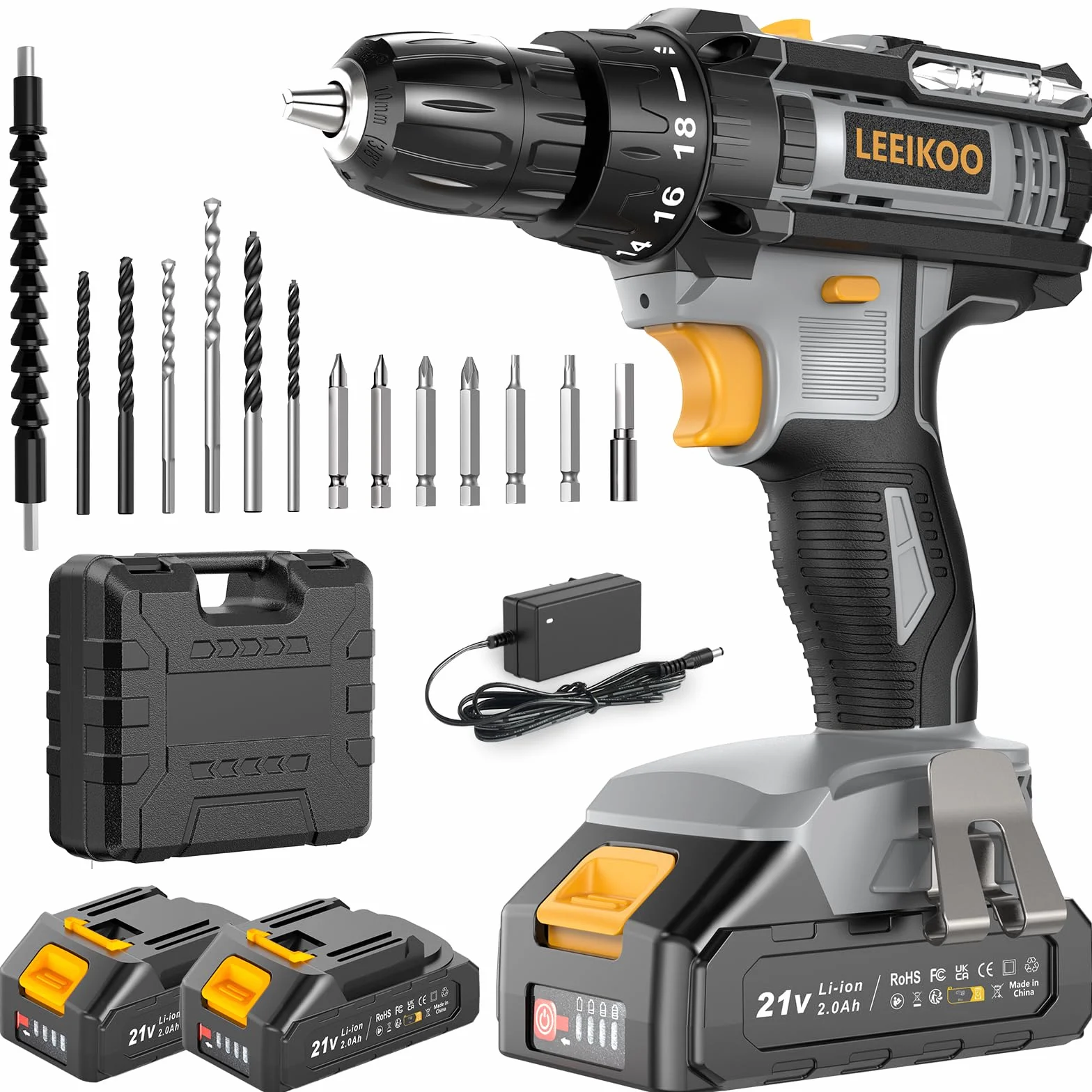 Taladro Atornillador Batería, LEEIKOO Atornillador Electrico 21V, 42N.m con 2 Baterías 2.0Ah, 18+1 Ajuste de Par, 2 Velocidad, LED Luz, 14 Accesorios Para Hogar, Bricolaje, Gris