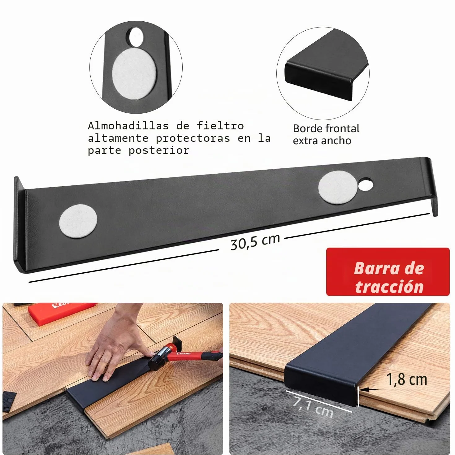 EZARC Kit de Suelo Laminado Instalación Madera con Martillo de Goma de Doble Cara, Rodilleras de Espuma, Bloque de Impacto, Barra de Tracción, 60 Espaciadores