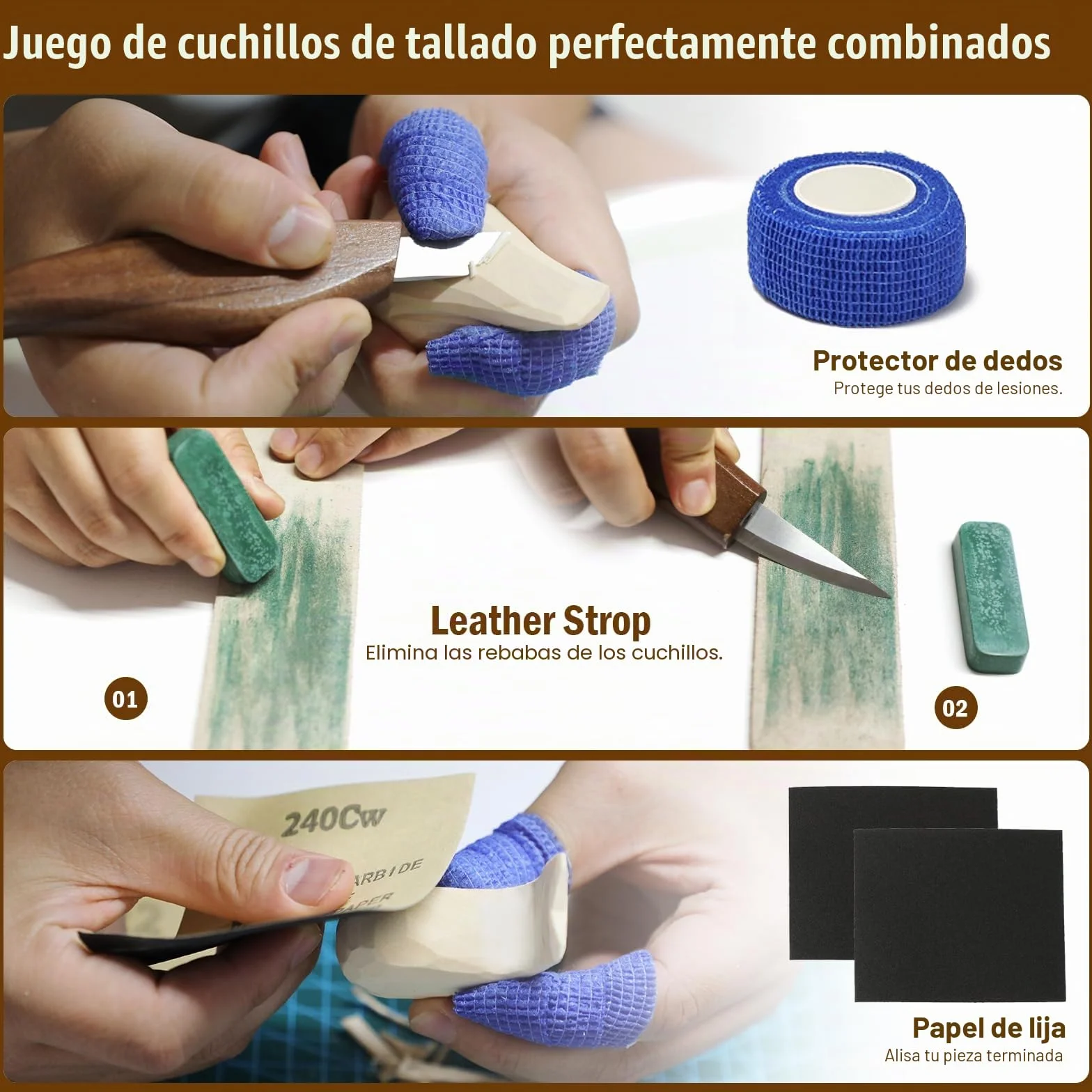 Juego 28 Piezas Talla Madera - 10 Cuchillos + 10 Bloques | 10 cuchillos acero Mo.V (4 desbaste+6 detalle), 10 bloques, guantes, lija, pasta, manual. Mangos nogal antideslizantes.