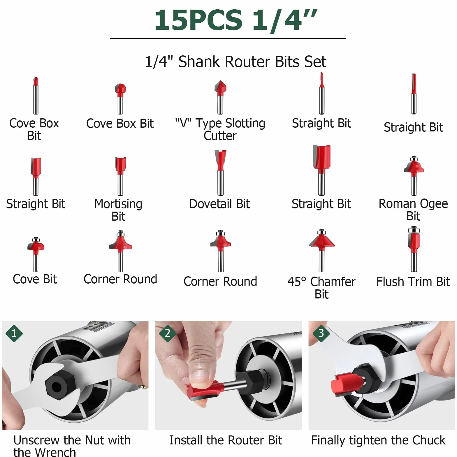 JiGiU 800W Fresadora de Madera Velocidad Variable Rebajadora Eléctrica 6.35mm(1/4 pulgada) 30000r/min con 6 Puntas de Carburo, Cuerpo de Aleación de Aluminio Resistente con 15 Piezas Fresas