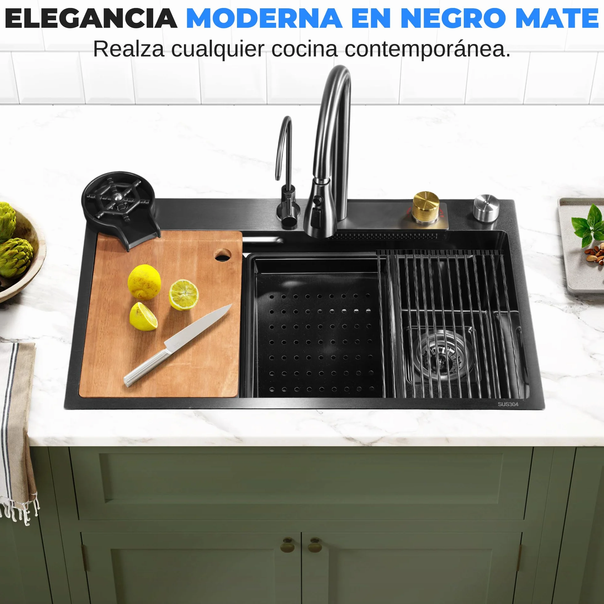 Serenelife fregadero cocina, Con grifo, Rejilla de drenaje, Canasta coladora, Tavla de cortar, Lavavasos, Acero inoxidable, Instalacion bajo o sobre encimera