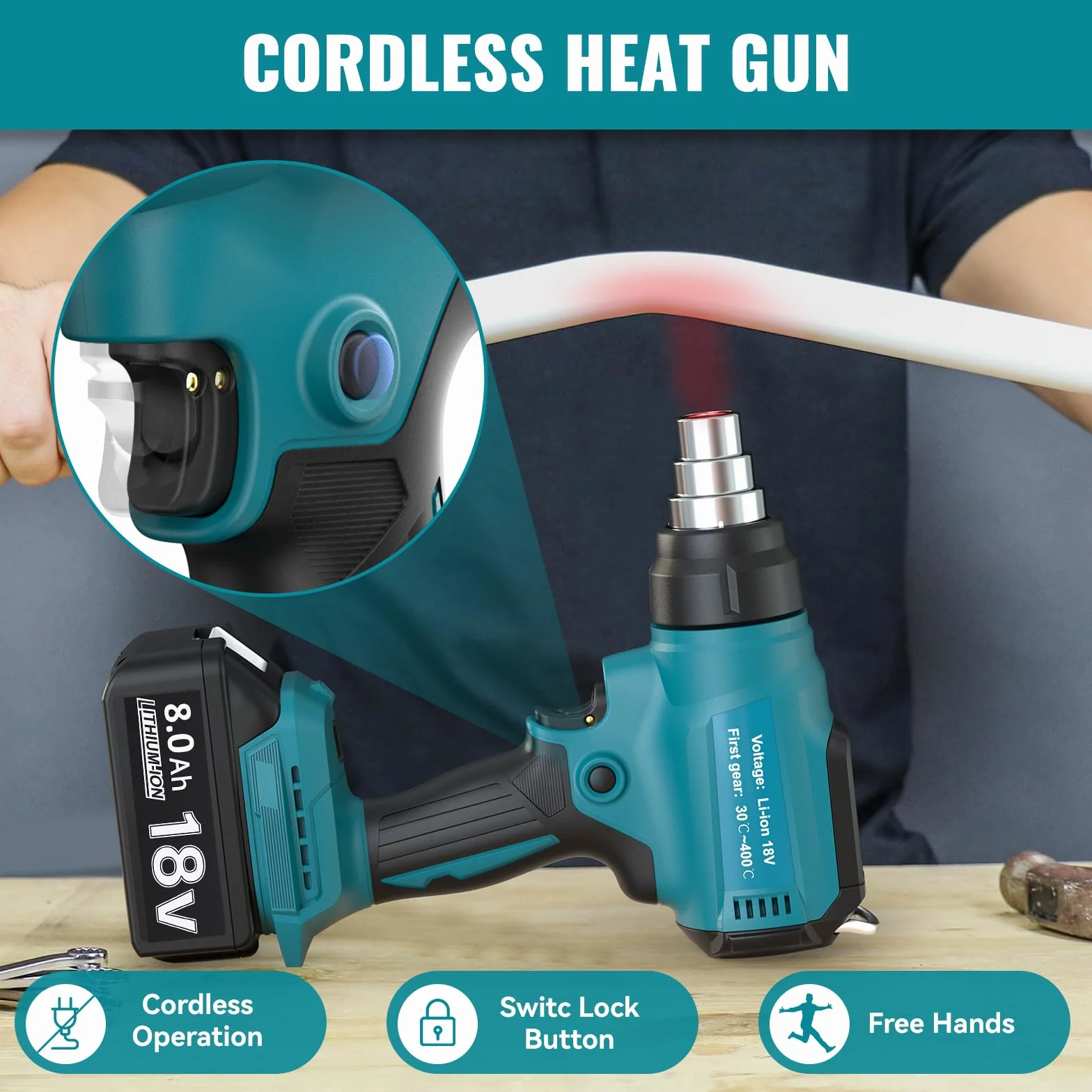 Pistola de calor inalámbrica para Makita 18 V batería (sin batería) pistola de calor para soldar, doblar tubos, eliminación de pintura, pistola de calor con 4 boquillas.