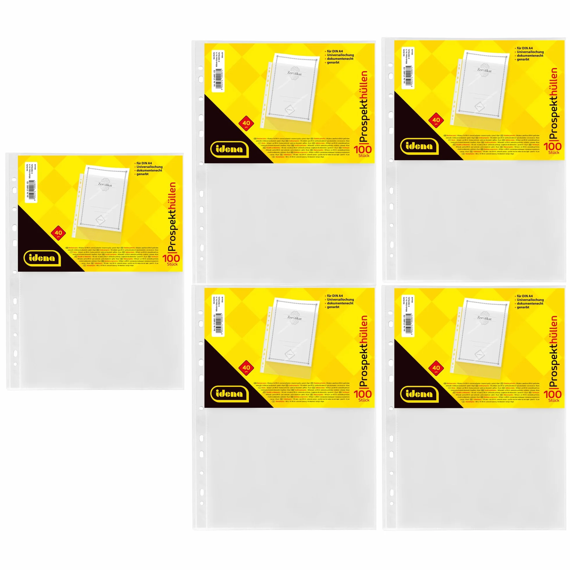 Idena 90371-500 unidades bolsillos transparentes A4 granulados, bolsillos para folletos de plástico de 40µ, a prueba de documentos, láminas transparentes con perforación universal