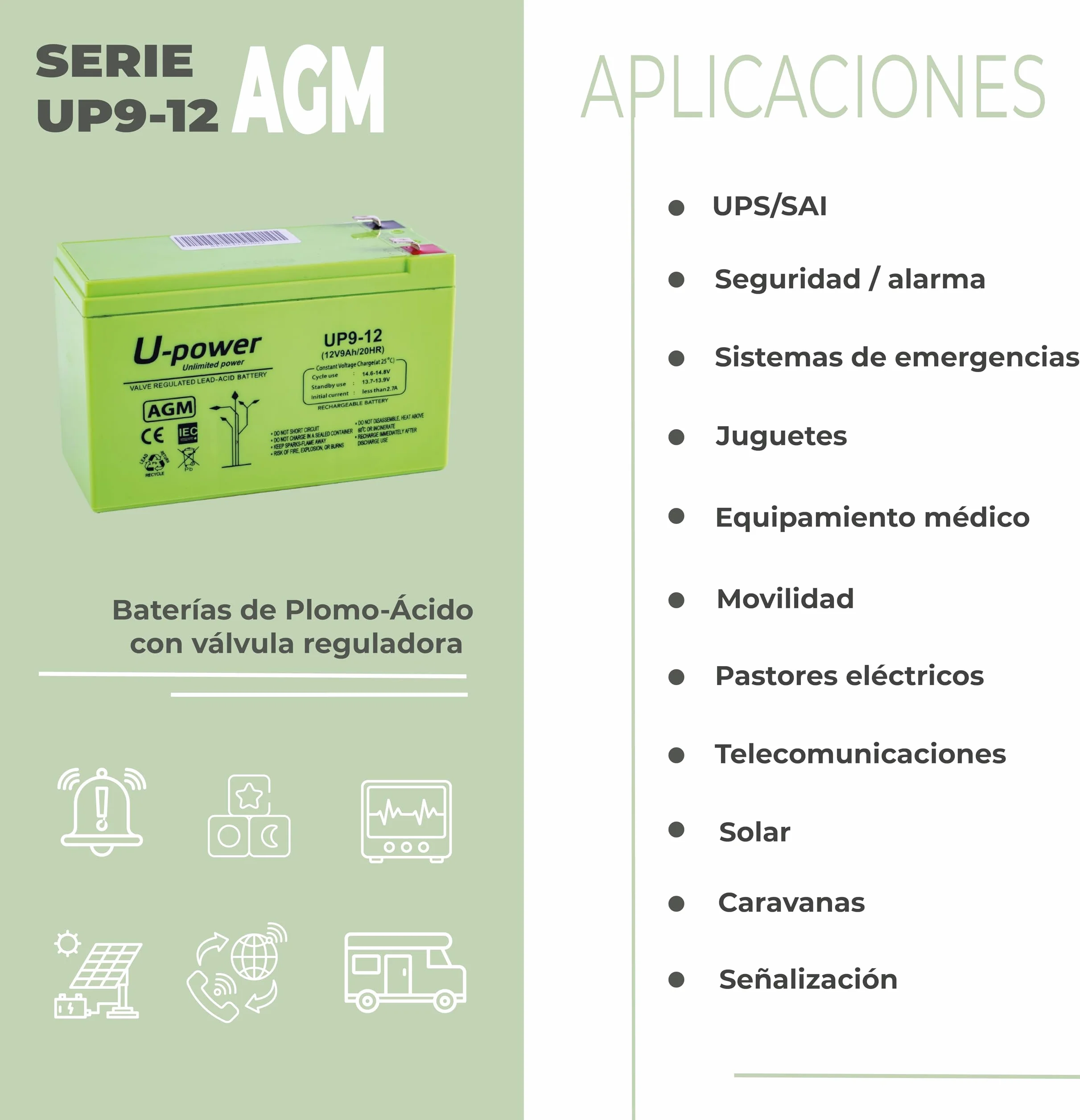 U-Power Batería AGM 12V 9Ah – Sellada Recargable Plomo-Ácido VRLA – para Alarmas, SAI/UPS, Seguridad, Juguetes Eléctricos y Más – Terminal Faston F2 (6.3 mm)