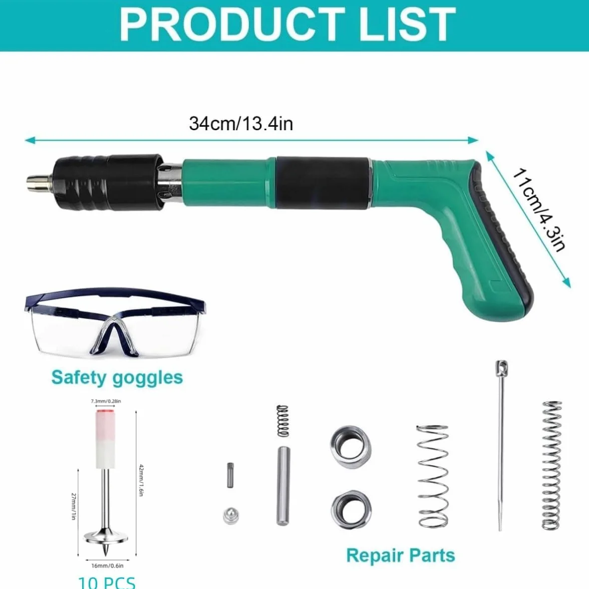 Pistola de Clavos para Hormigon Neumatica, Clavadora Hormigon, Nail Gun, Pistola de Impacto Clavos con 10 Clavos Redondos - para Acero y Concreto - Fácil de Usar