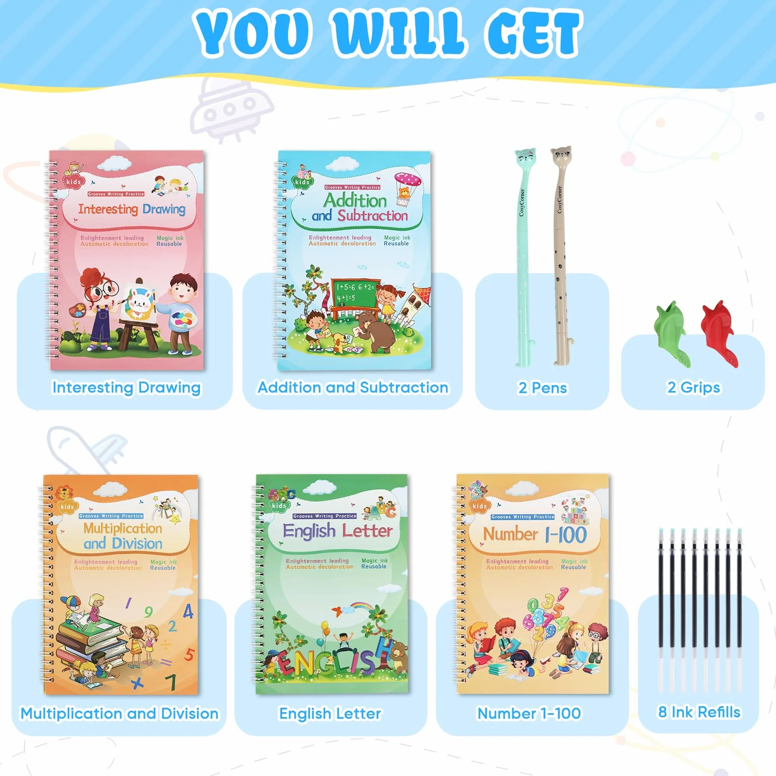 ASIGN Magic Ink Copybooks para niños, libros de trabajo reutilizables de escritura a mano para preescolares, diseño de plantilla y ayuda para escribir a mano (versión ampliada, 4 libros)
