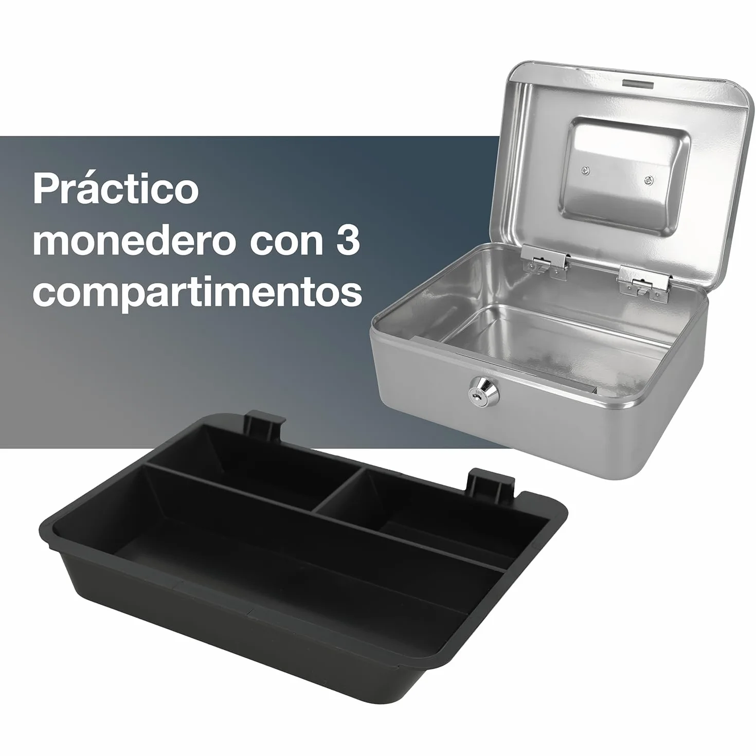 Westcott Caja de efectivo con cerradura 20 cm plata chapa de acero 2 llaves inserto extraíble monedas 3 compartimentos