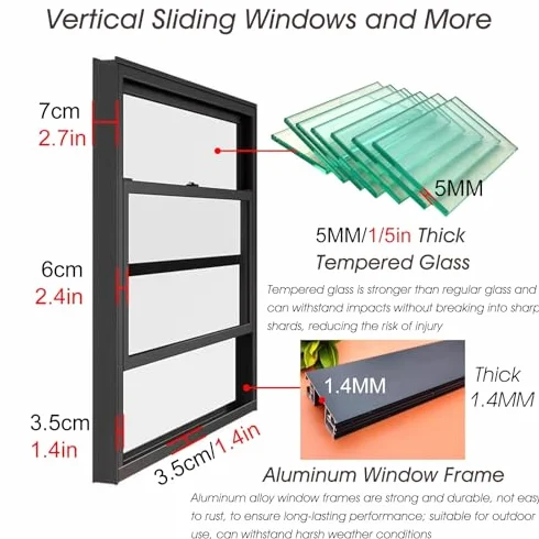 Ventana de ventilación transparente deslizante vertical grande de aluminio para cobertizos, gallineros, invernaderos y restaurantes, 60 x 88 cm