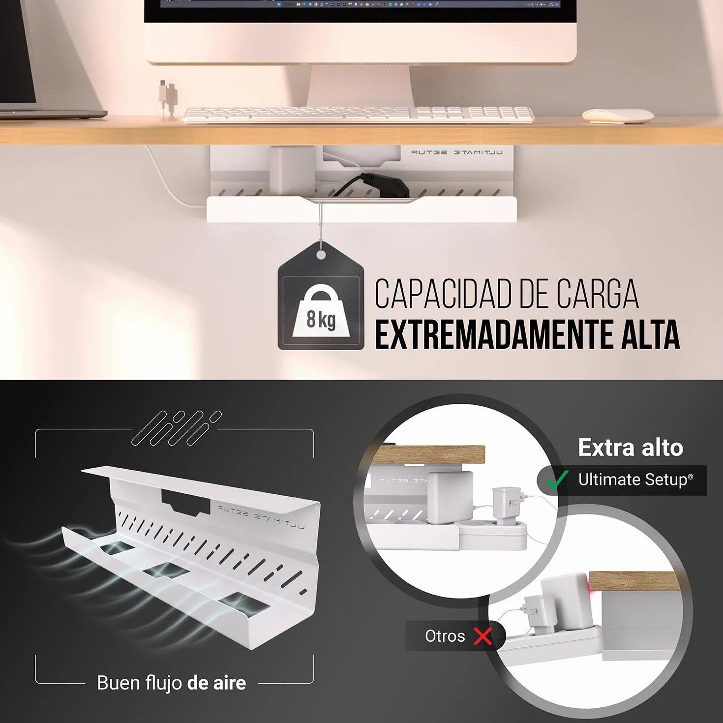 Bandeja de gestión de cables debajo del escritorio sin taladro, gestión de cables de escritorio, organizador de cables, gran capacidad de carga, bandeja de cables debajo del escritorio sin taladro