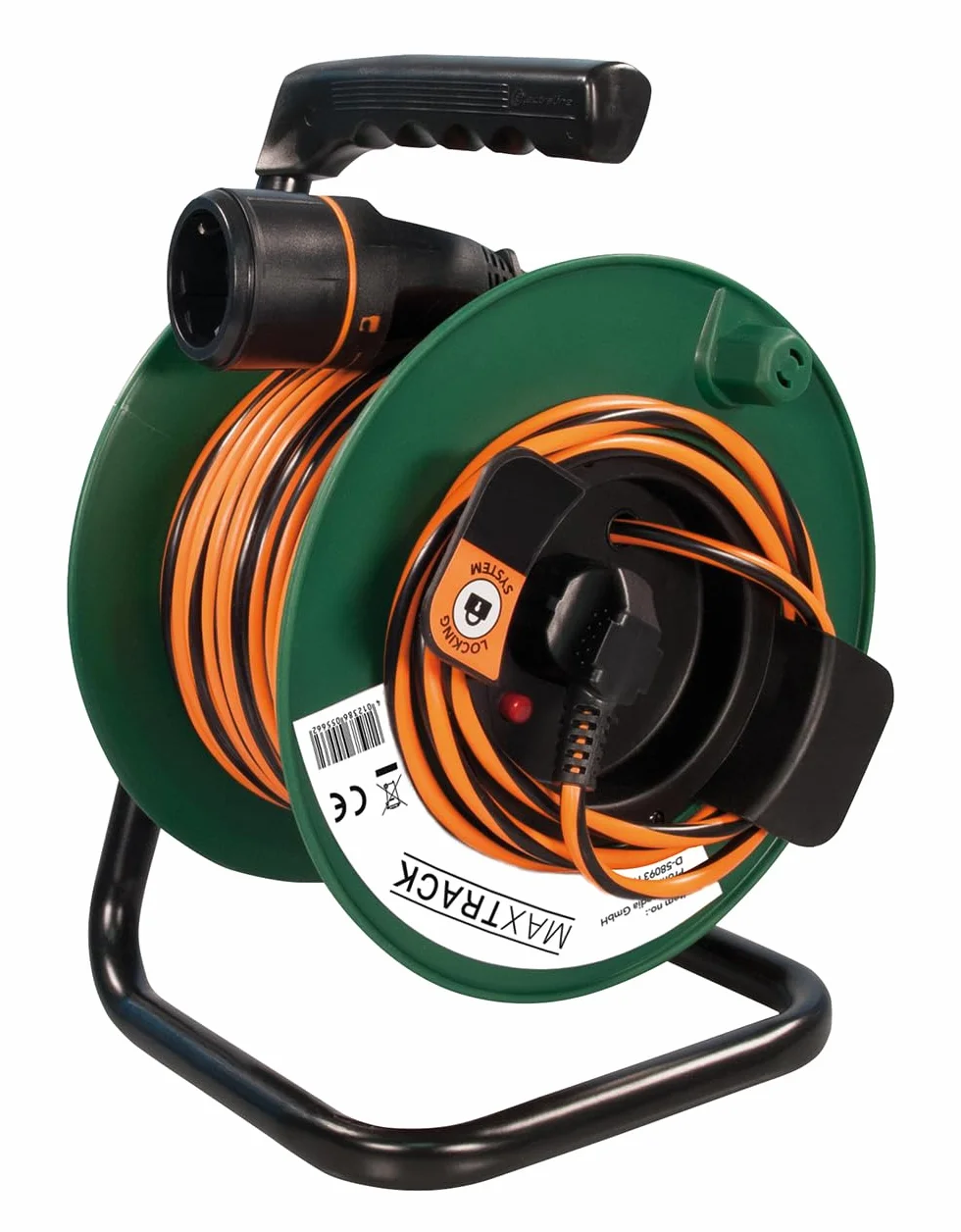 MAXTRACK NV7-25RL, cable de extensión de contacto de seguridad de 25 m con carrete de cable, conexión de enchufe bloqueable, rodillo de cable resistente, 12 kg de tracción, ideal para taller, jardín y