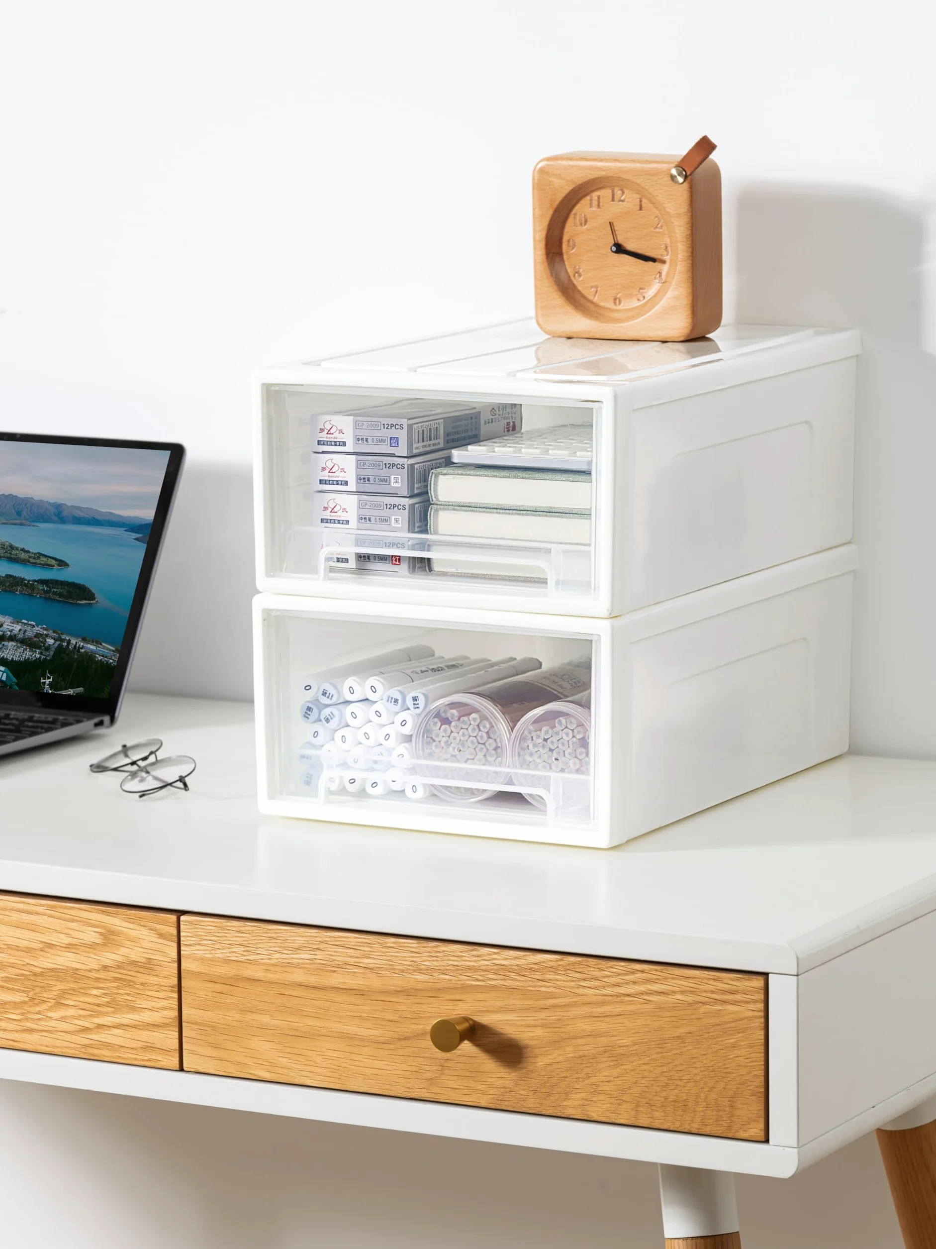Cetomo 14L*3 Cajones de Almacenamiento de Plástico, Torre Apilable para Escritorio, Blanco Transparente