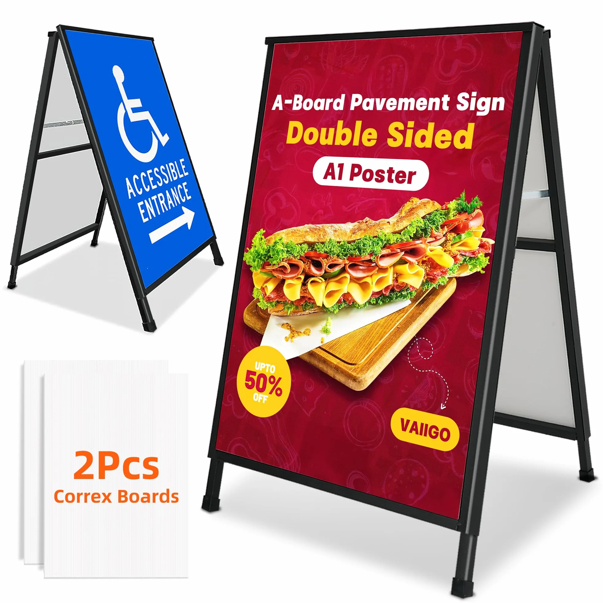 Marco de letrero de pavimento A1 A-Board doble cara, soporte de póster resistente con hojas de plástico corrugado para publicidad exterior