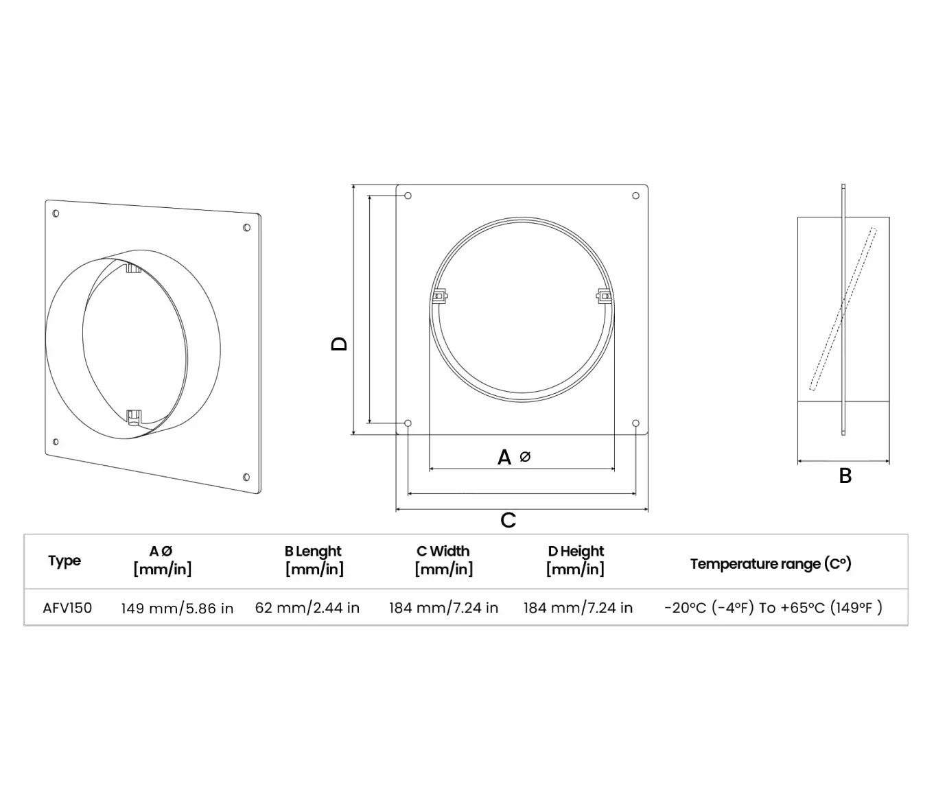 H&C VENT Conector de Brida para Ventilación 150mm con Válvula │ Conectores de Tubo PVC Flexible, Aluminio Manguera Conducto │ Placa de Pared │ Extractor Cocina Tubo Aire Acondicionado Secadora Rejilla