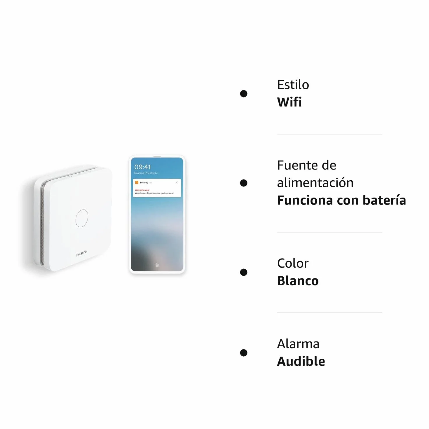 Netatmo Detector de Monóxido de Carbono Inteligente, WiFi, 10 años de batería, Alarma de 85dB, Pruebas automatizadas, Sin centralita domótica, Certificado EN 50291 y NF, NCO-EC
