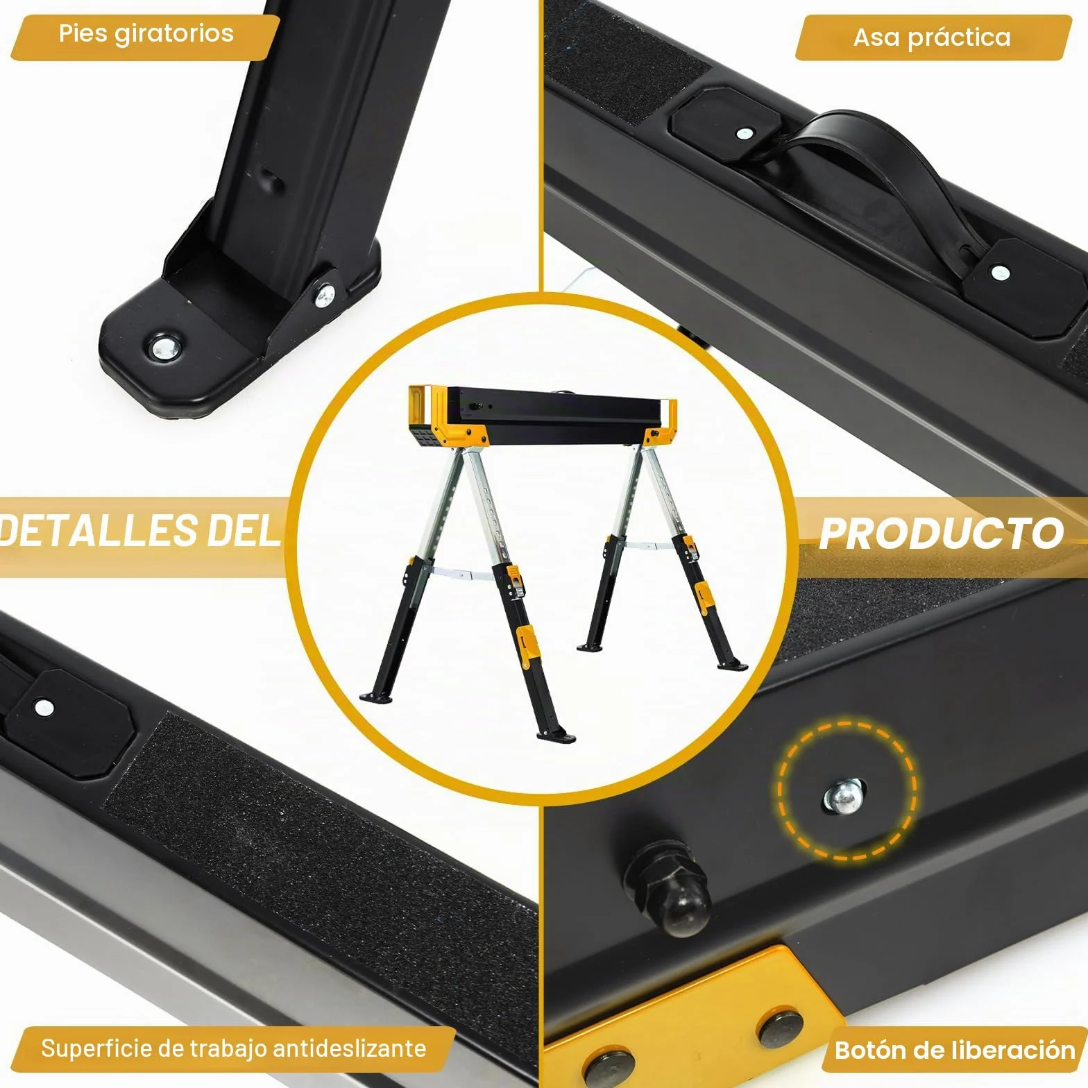 GOPLUS Juego de 2 caballetes de sierra plegables, caballetes de sierra de acero con 9 niveles de altura ajustable, asas de transporte, pie antideslizante, carga 1180 kg para garaje, casa (Amarillo+
