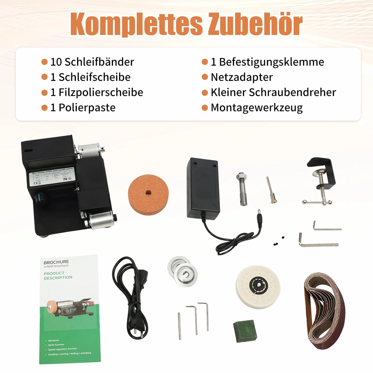 OUKANING Mini Band Sander 350W - Lijadora eléctrica para mesa con 0-10000 RPM, 7 velocidades de regulación de velocidad continua, incluye 10 bandas de lijado, disco abrasivo y accesorio de pulido como