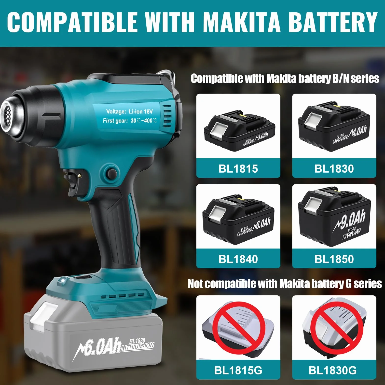 Pistola de calor inalámbrica para Makita 18 V batería (sin batería) pistola de calor para soldar, doblar tubos, eliminación de pintura, pistola de calor con 4 boquillas.
