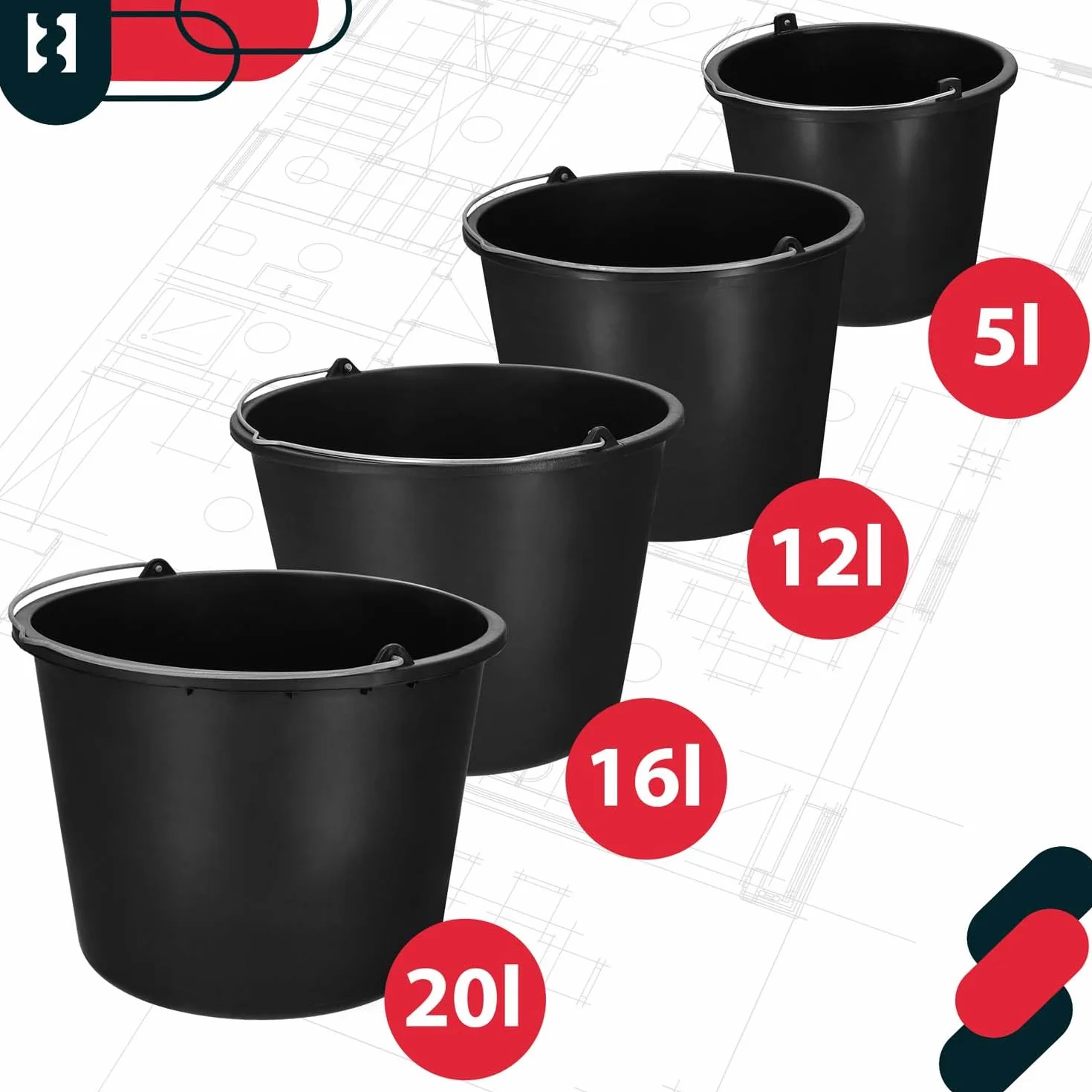 KOTARBAU Juego de 5 cubos de plástico de 16 l para la construcción, cubos para mortero, cemento, agua, cubo de jardín, negro