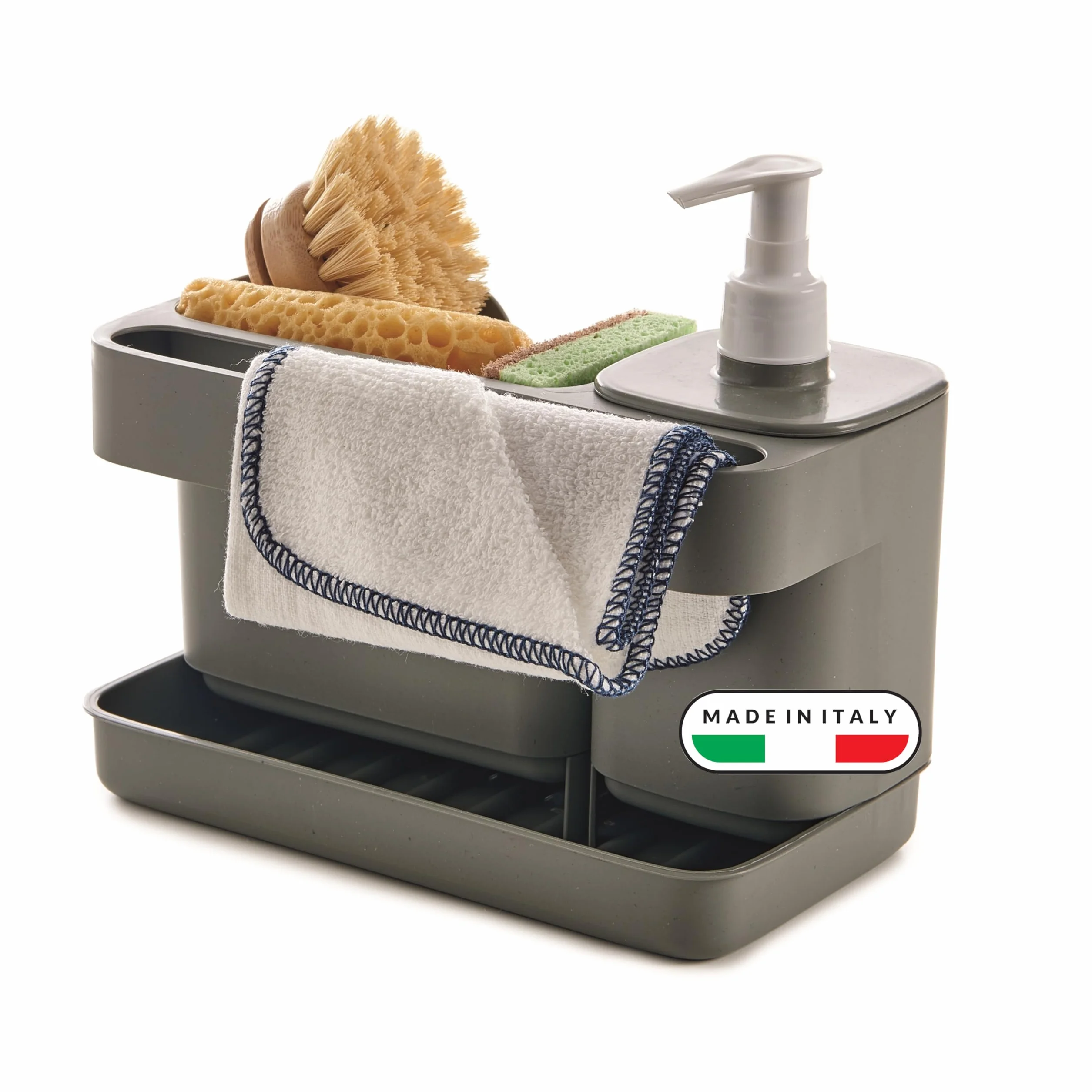 Riordinello Dispensador Jabón Baño Cocina 400 ml Organizador Fregadero Esponjas Bandeja 21x12x18 Gris