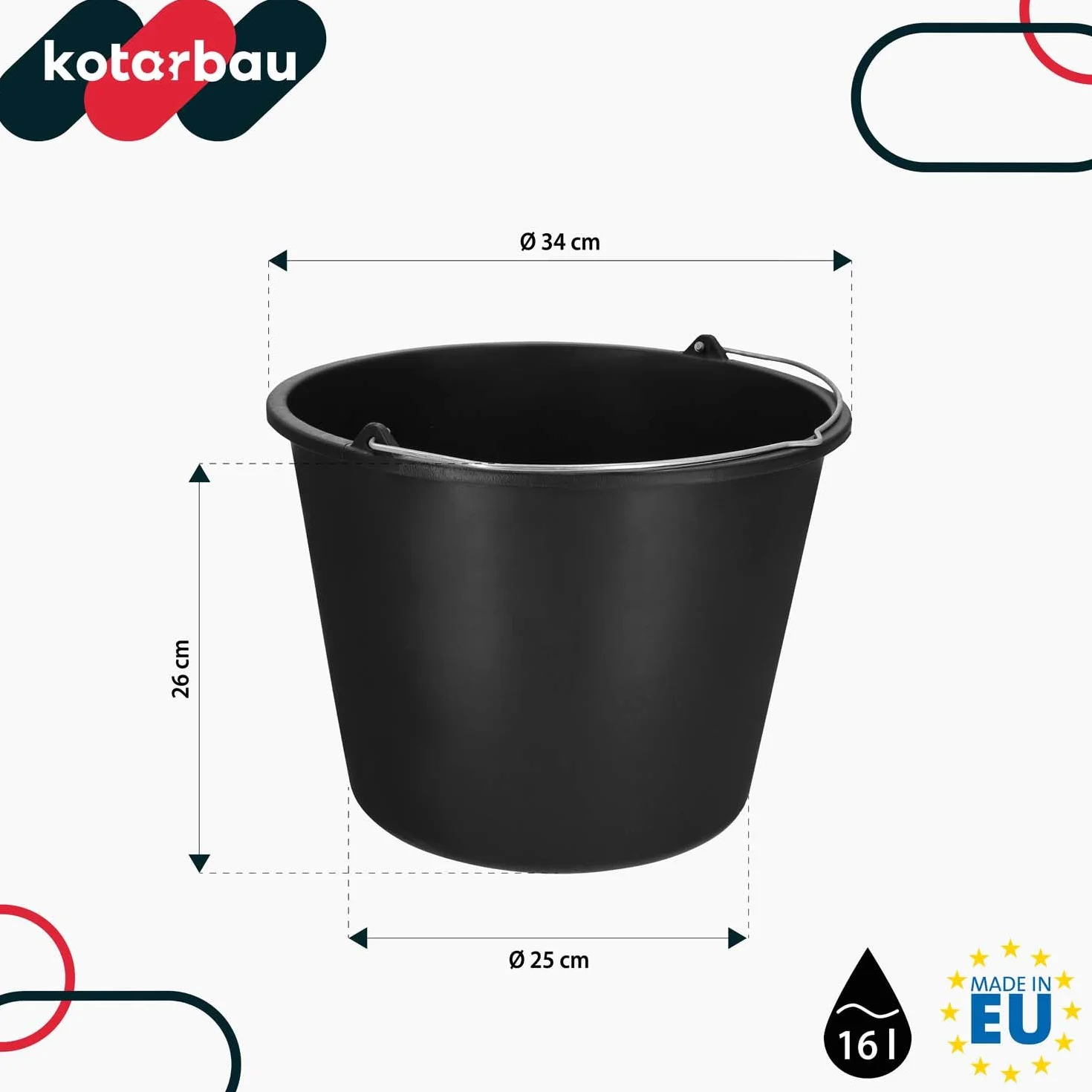 KOTARBAU Juego de 5 cubos de plástico de 16 l para la construcción, cubos para mortero, cemento, agua, cubo de jardín, negro