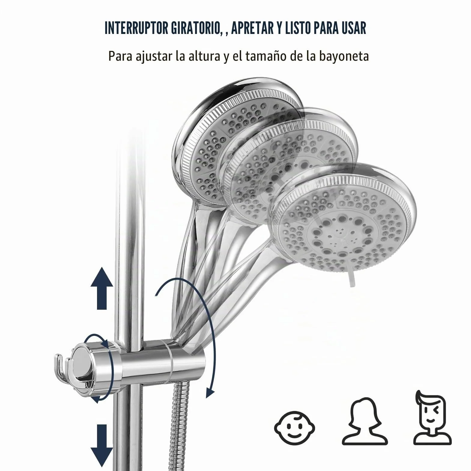 Vinabo Universal Soporte Ducha con 2 Ganchos, Soporte de Ducha, sin perforación, 18-25 mm, diámetro Ajustable, Espaciador Integrado para Proteger la Barra de Ducha
