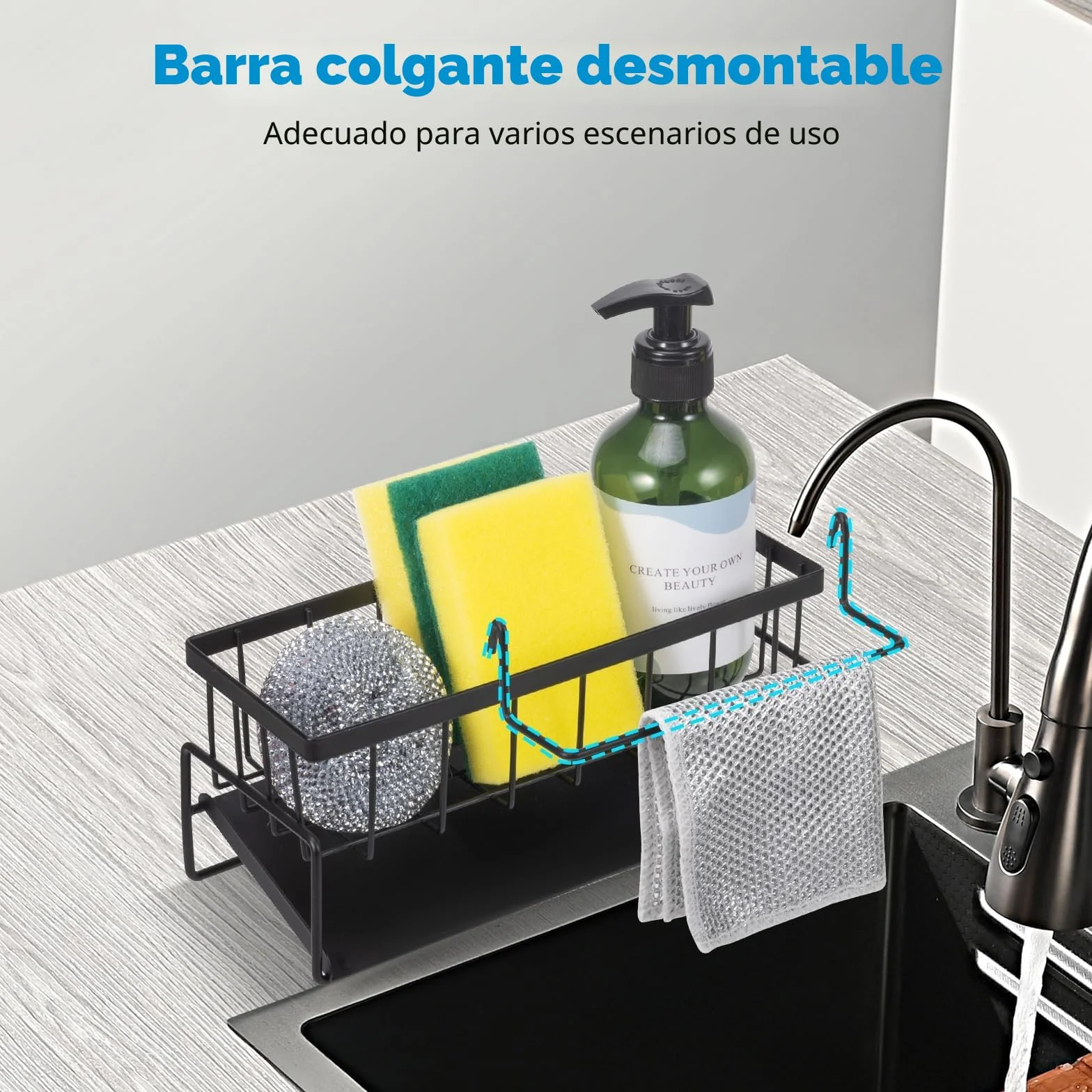 Caja de almacenamiento para fregadero de cocina, organizador para fregadero, estante de almacenamiento multifuncional, color negro, adecuado para almacenamiento de cocina y baño