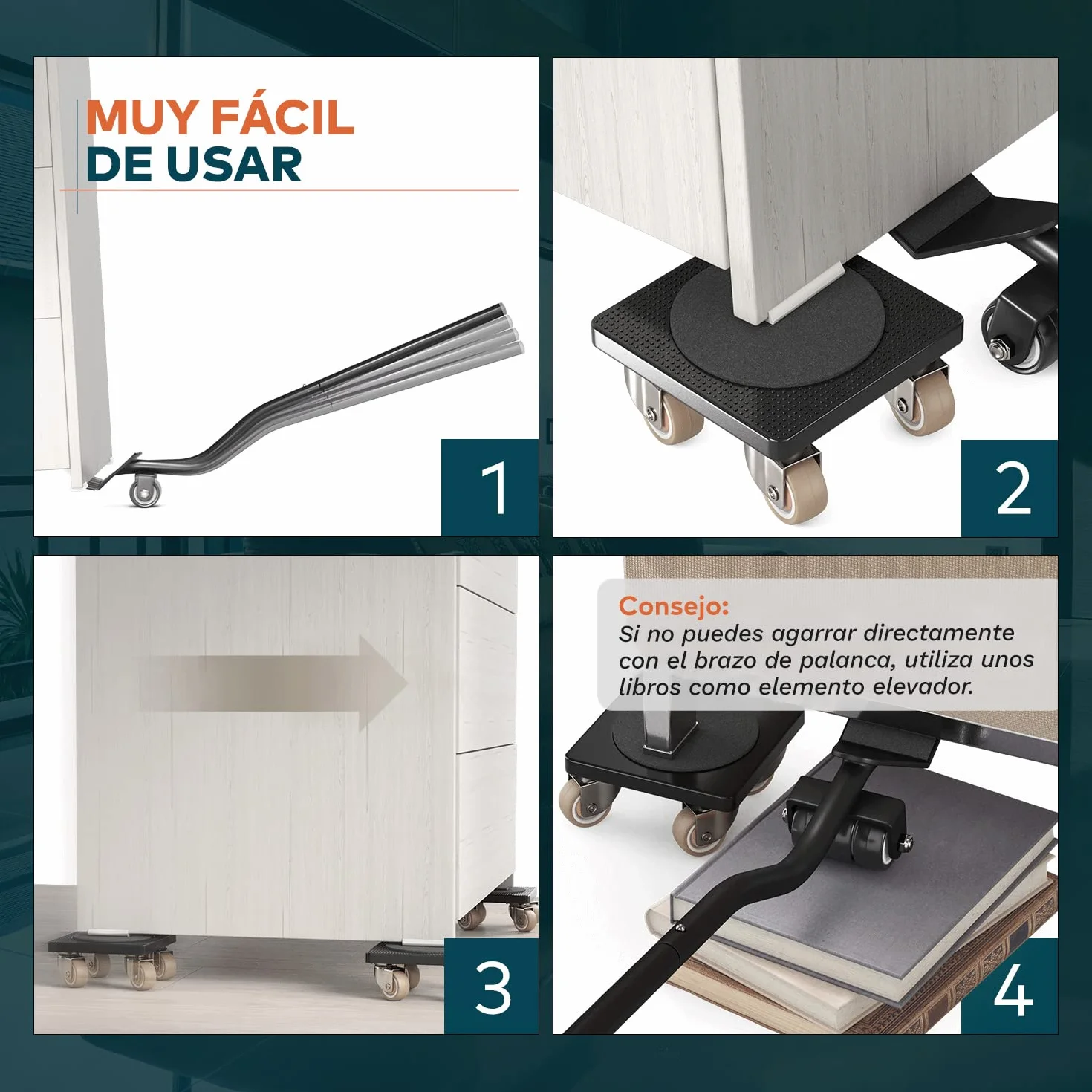 El Innovador Elevador de Muebles para Muebles Pesados de FAIRMO - 4 Ruedas Muebles y 1 Elevador de Carga (Incl. Almohadillas Antideslizantes) - Ruedas para Mover Muebles Pesados facilmente de TPE