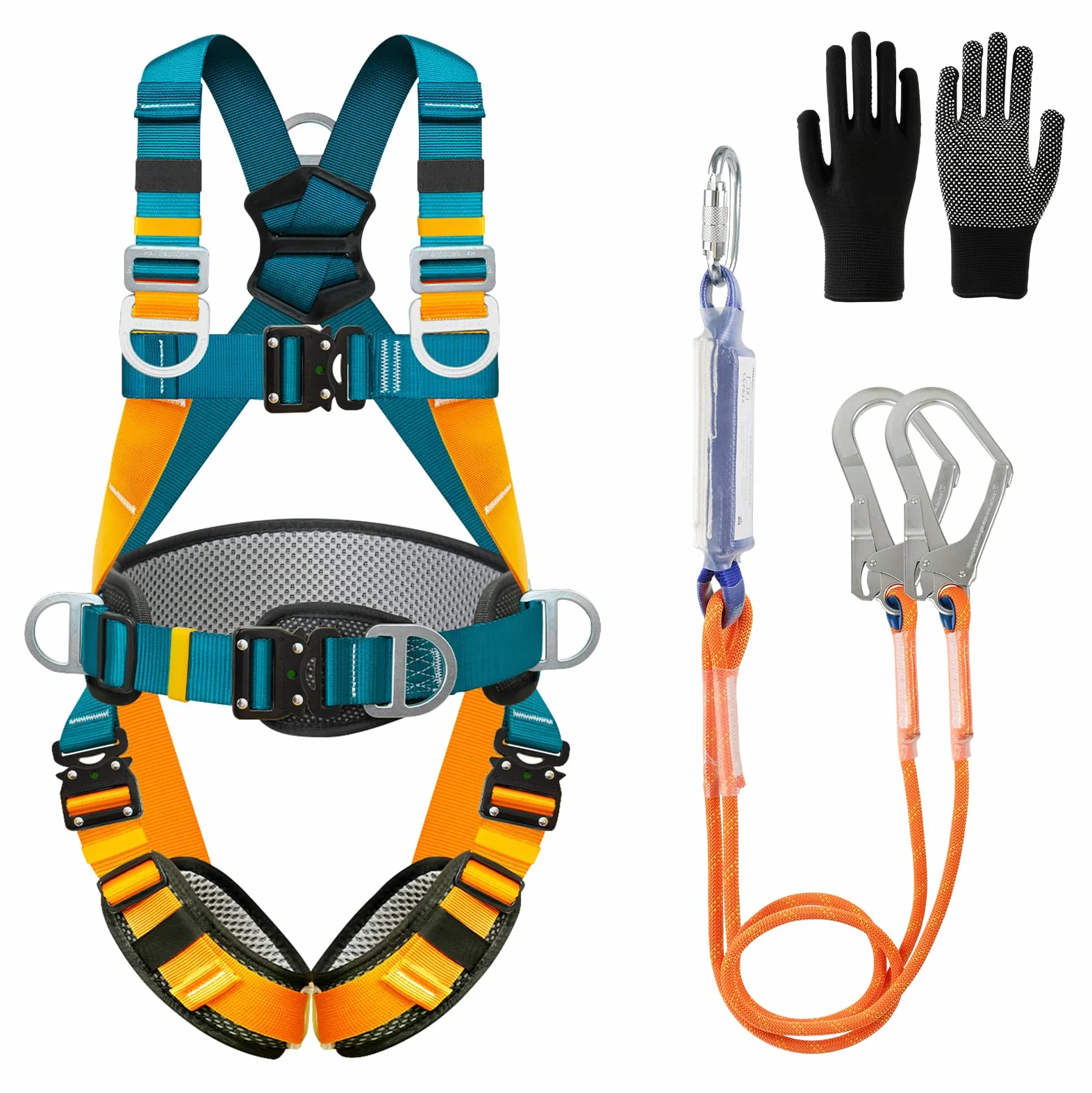 Arnes de seguridad trabajo en altura con cordones, arnes de protección anticaídas de seguridad, con 2 hebillas grandes y 2 cordones de 2 m, carga de 140 kg, para trabajos aéreos, escalada, hombres
