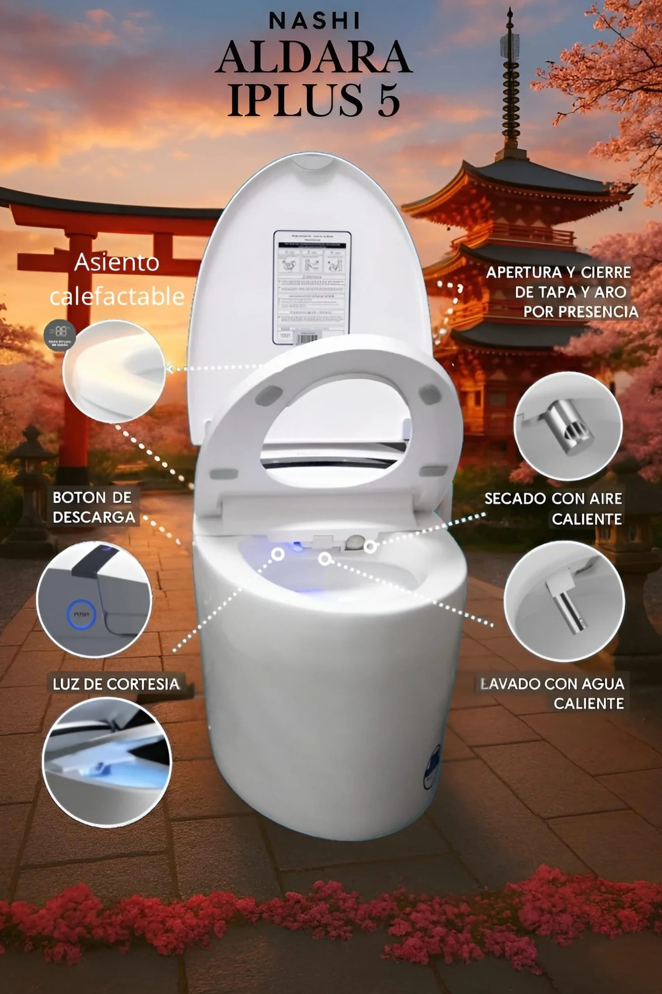 Nashi Aldara iPlus 5 - Inodoro Inteligente estilo japones | wc con App móvil y mando tapa automática, calefactable, chorrito y secado | Salida dual suelo o pared