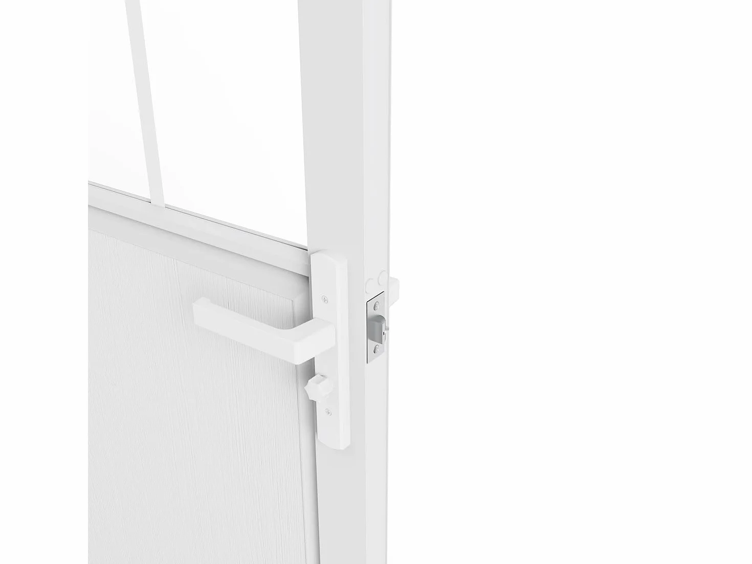 Vente-unique-Puerta reversible de aluminio y vidrio templado tipo taller - Alt. 204 x L73 cm - Blanco - ERMELO