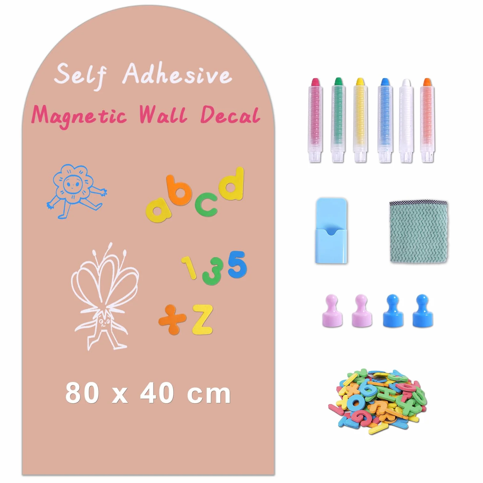 Pizarra Magnética Adhesiva de Pared 80 x 40 cm – Pizarra Negra Borrable en Seco con Tizas, Imanes y Paño (Rosado)