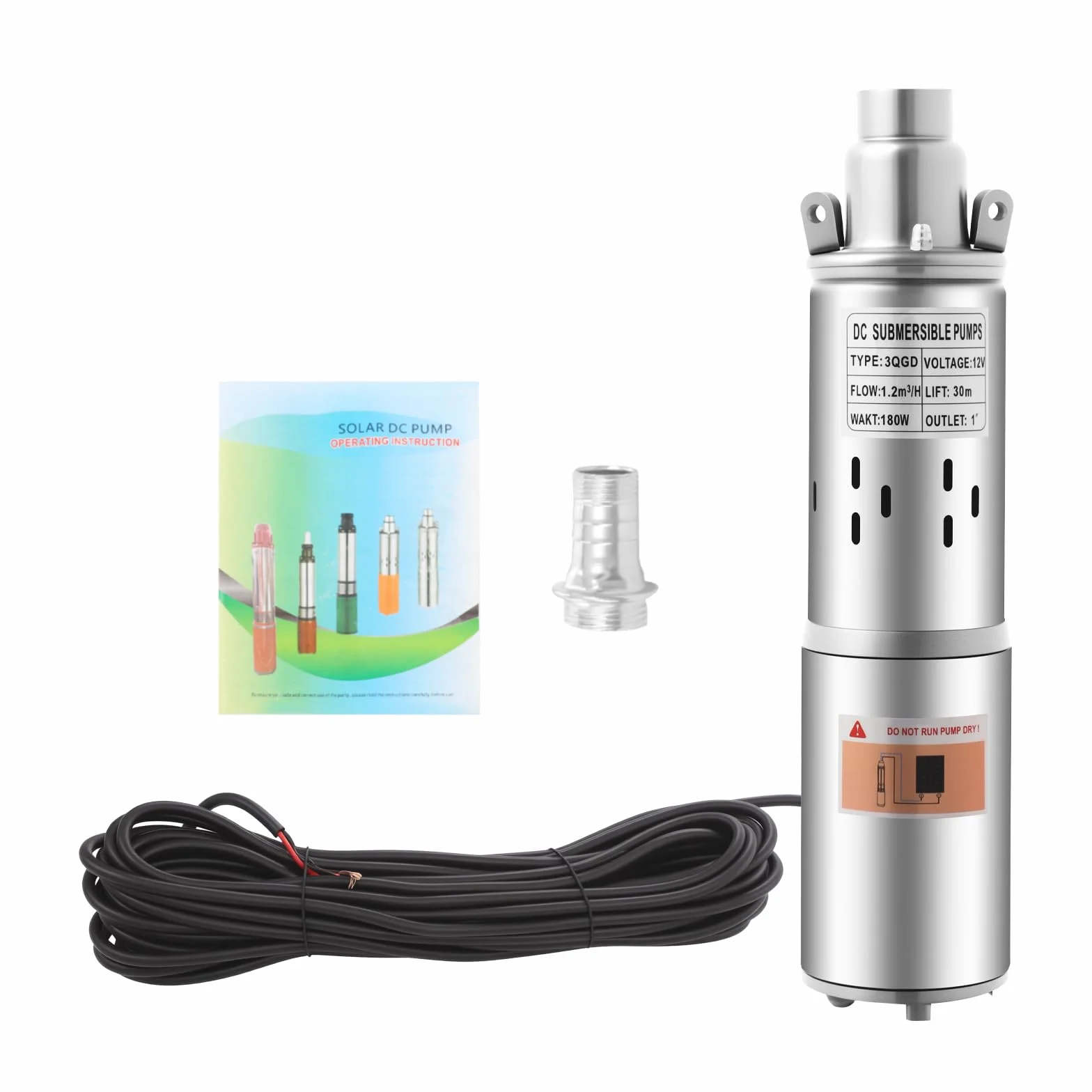 Bomba sumergible solar de acero inoxidable de 12 V, 180 W, bomba de pozo profundo 3000 rpm, bomba de agua silenciosa, altura máxima de extracción de 30 m, bomba tubular compatible con arena, bomba de