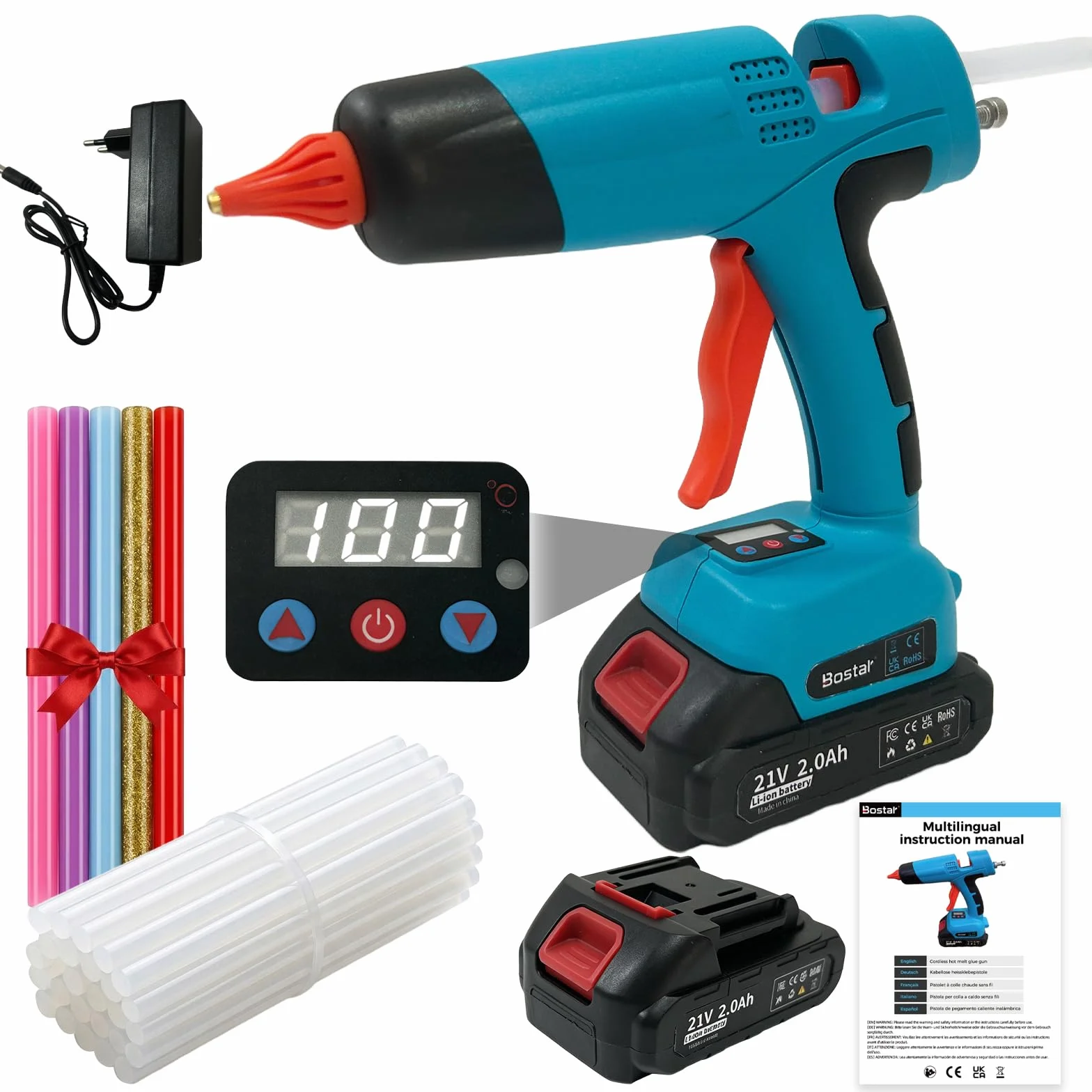 Bostar Pistola de Silicona Digital 100-220°C para Makita 18V, Kit con 2 Baterías 2.0Ah y 35 Barras 11mm, Flujo Regulable y Memoria, Pistola Termofusible Inalámbrica para DIY y Reparación Profesional