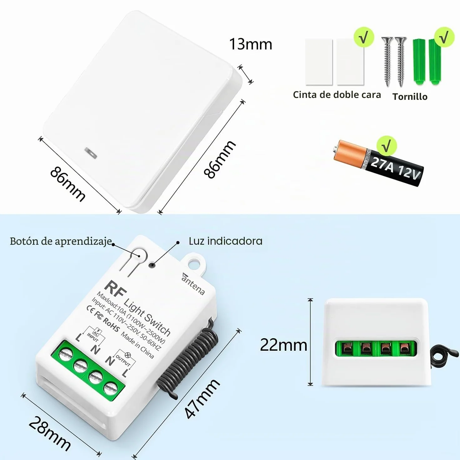DieseRC Interruptor de Luz Inalámbrico, Interruptor Transmisor RF Para Panel Mural de 86 y Controlador Receptor de Relé de 10 A, para Luces de Hasta 1500 W