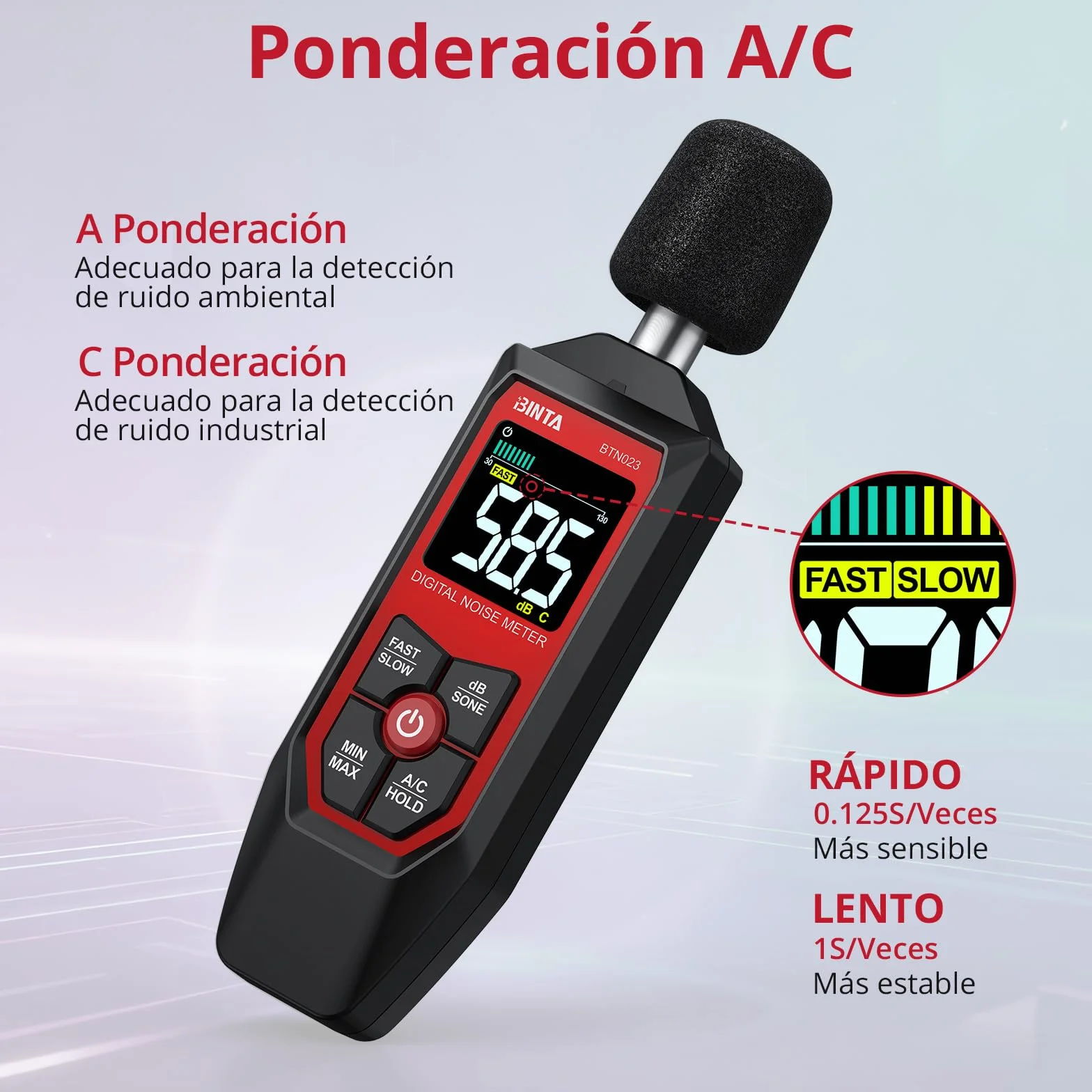 BINTA Sonómetro Digital Decibelímetro 30-130dB Ponderación A/C Max/Min dB/SONE