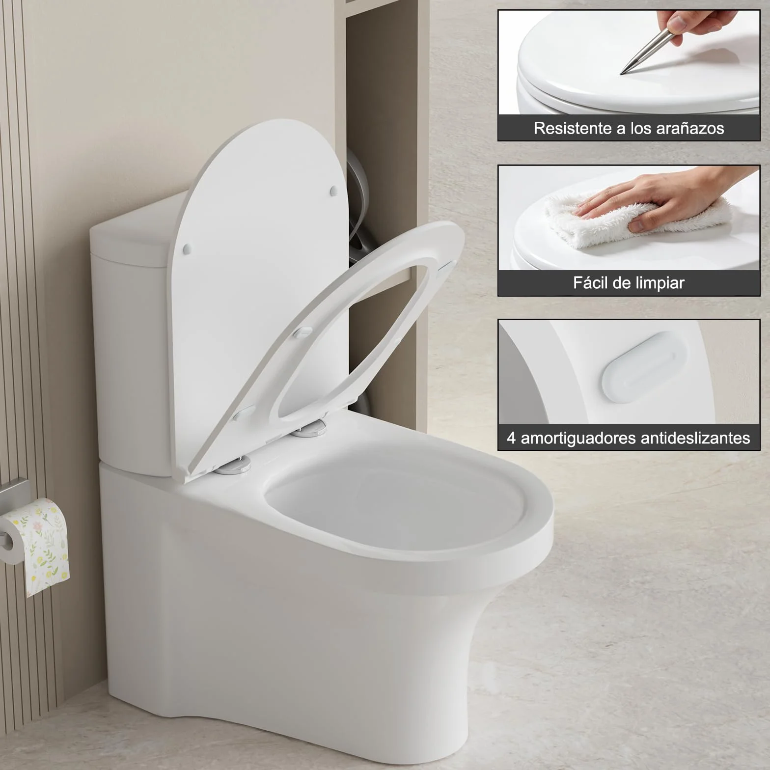 SURFOU Asiento de Inodoro Universal en Forma de D, Duroplast, Cierre Suave, 200 kg, Desmontaje Rápido