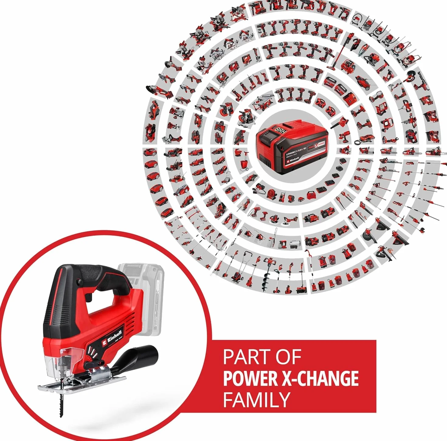 Einhell Sierra de calar a batería - TC-JS 18 Li - Solo Power X-Change. Litio-Ion, 18 V, incl. hoja de sierra de calidad KWB para madera, carrera pendular conmutable. No incluye cargador ni batería