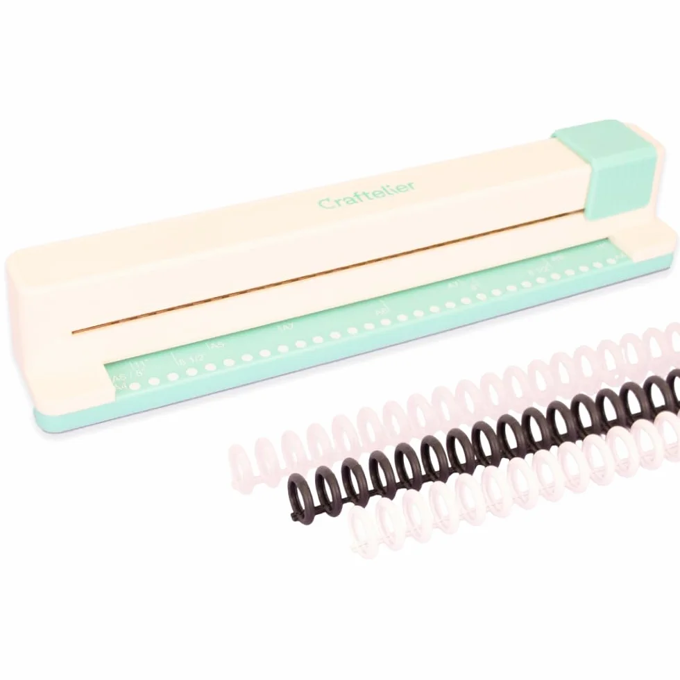 Craftelier - Encuadernadora Manual de 30 Agujeros - Perforadora con 6 Anillas Tonos Blanco y Negro - Perfora hasta 5 Hojas - Compatible con Tamaños de A4, A5, A6, A7 - Para Cuadernos y Scrapbooking